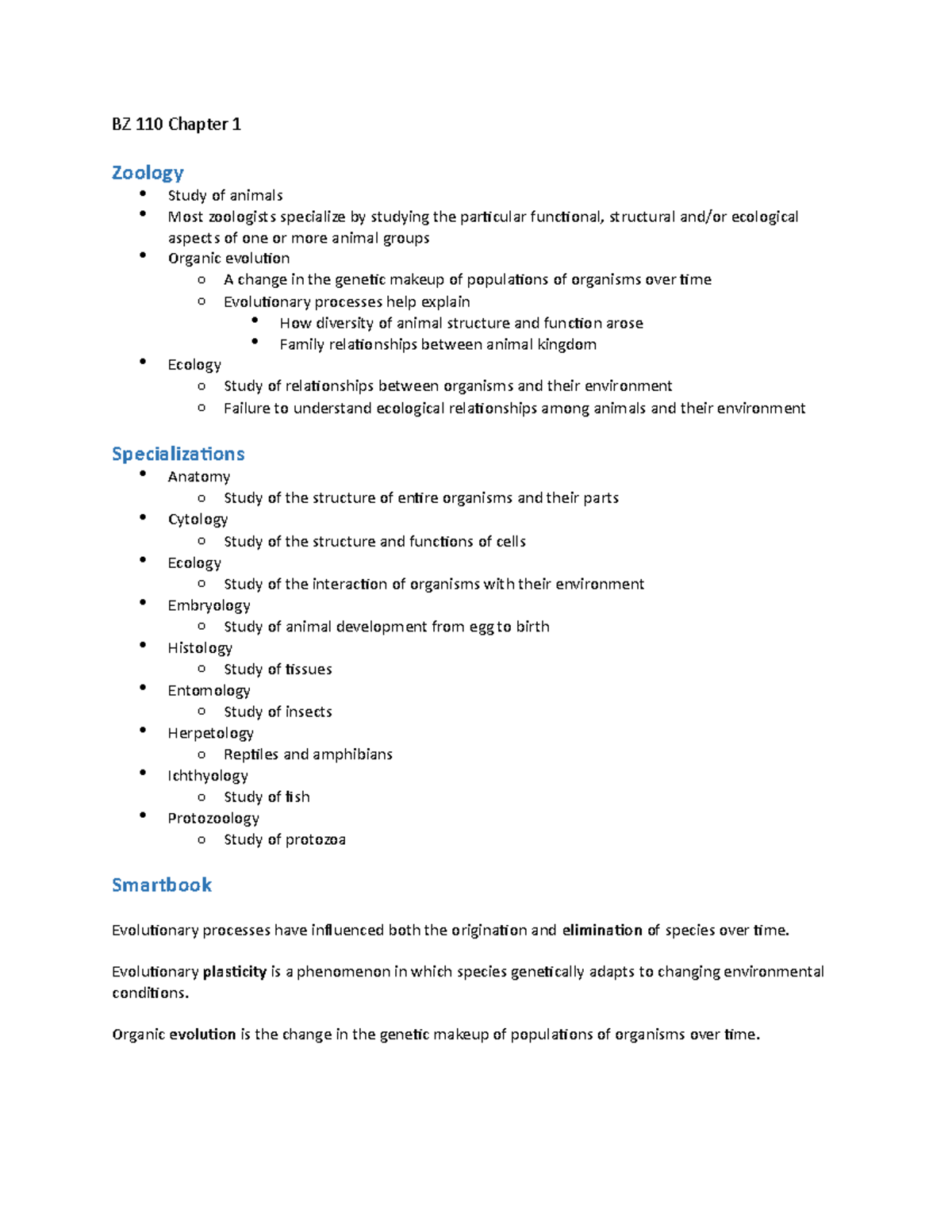 BZ 110 Chapter 1 Animal Bio Notes BZ 110 Chapter 1 Zoology Study of