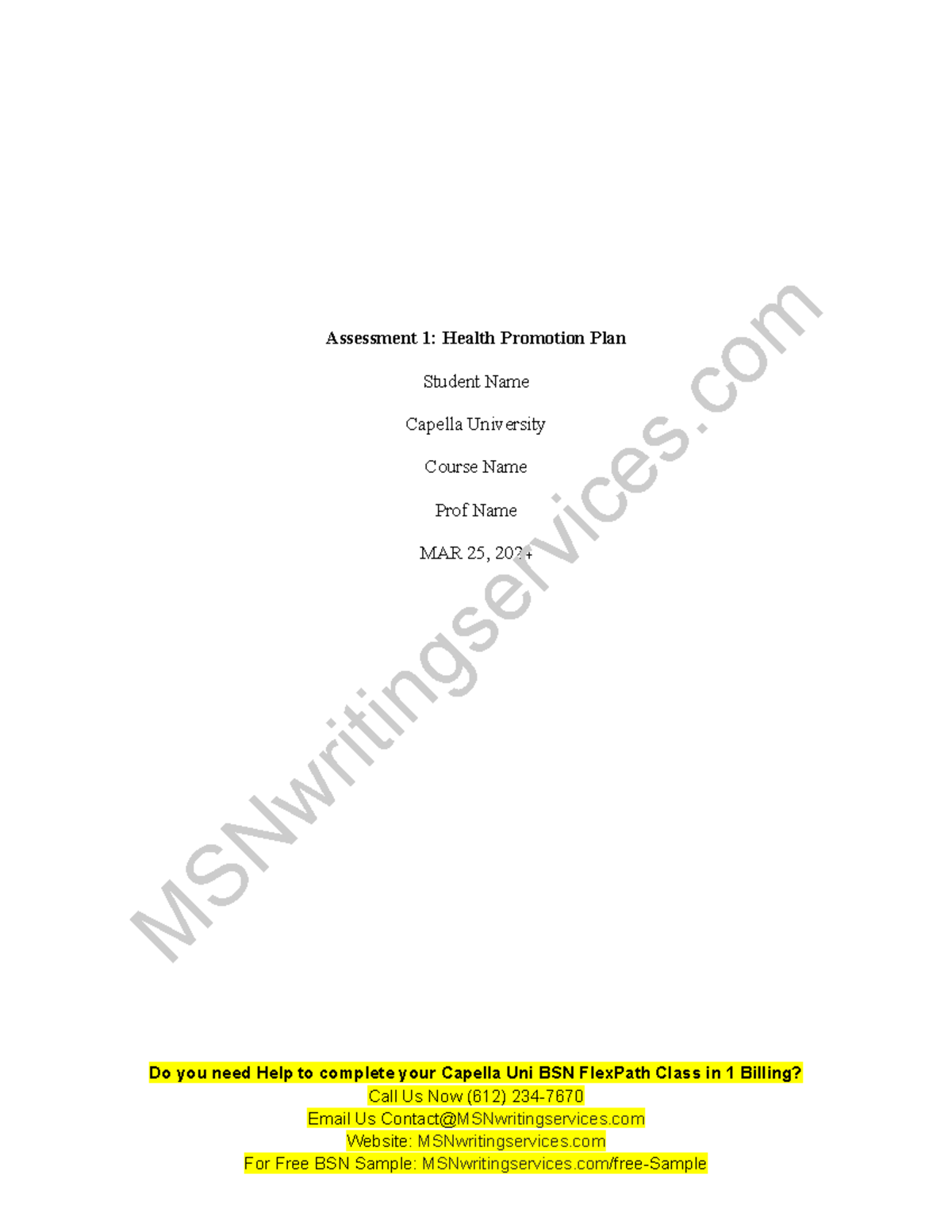 Nurs fpx 4060 assessment 1 health promotion plan - Assessment 1: Health ...