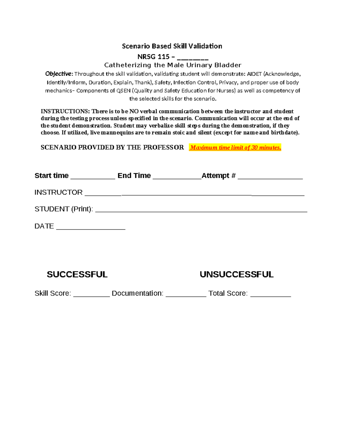 Male Catheter Skills Sheet InsertionRemoval Scenario Based Skill