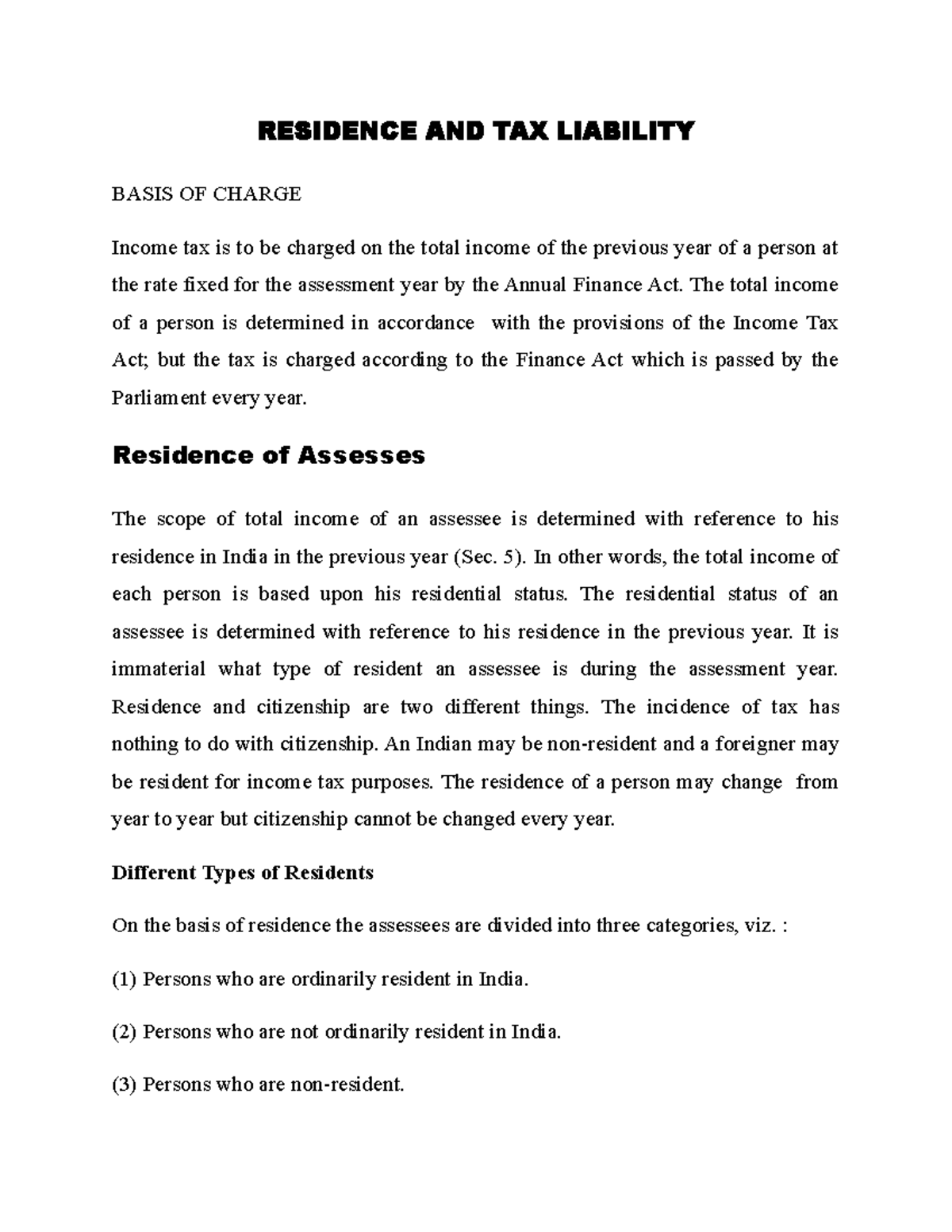 Residential Status Theory 202122 RESIDENCE AND TAX LIABILITY BASIS