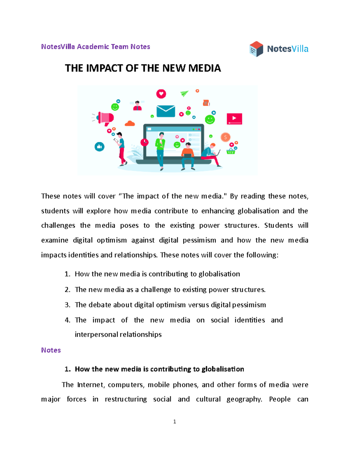The impact of the new media - " By reading these notes, students will ...
