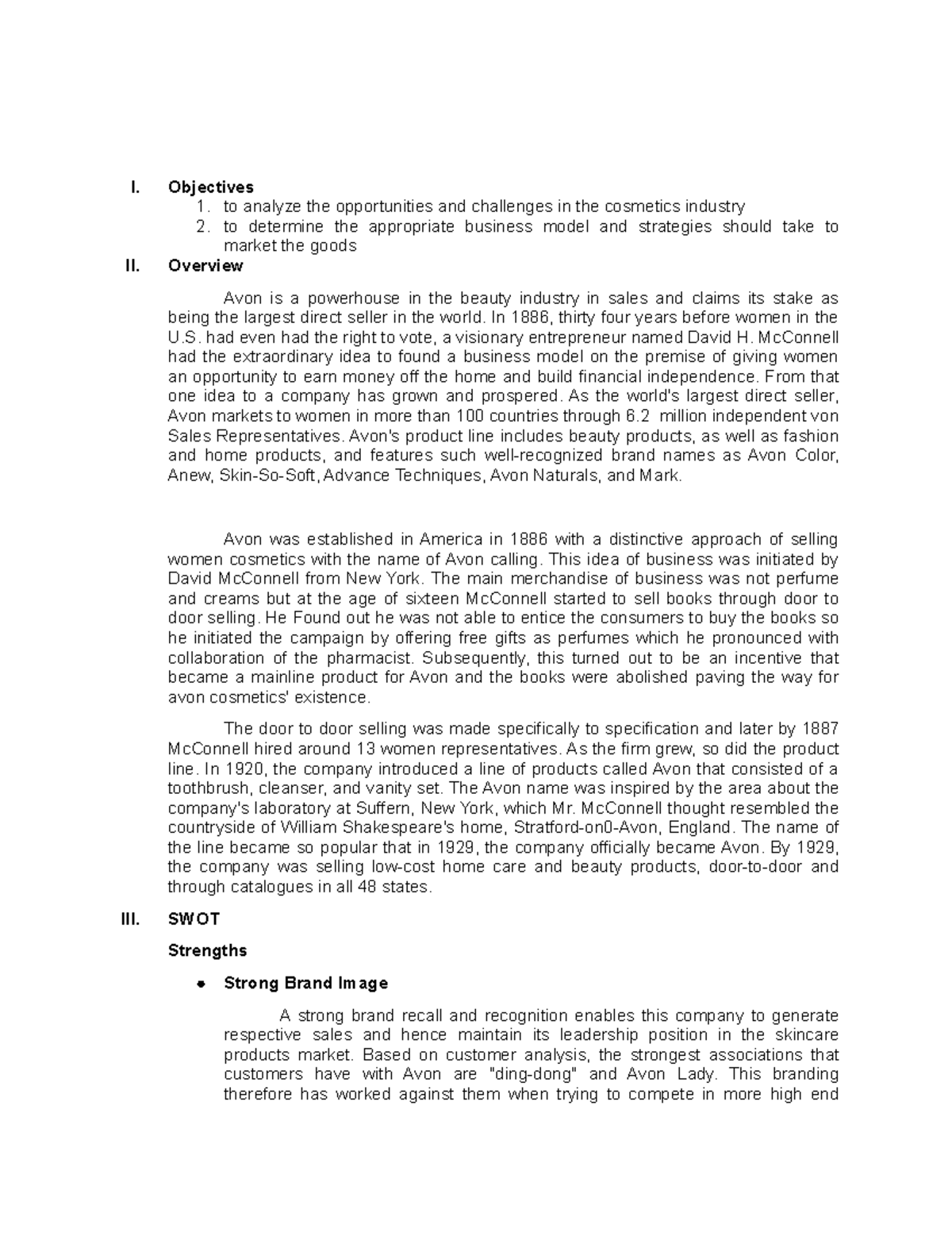 Avon - case study about avon - I. Objectives 1. to analyze the ...