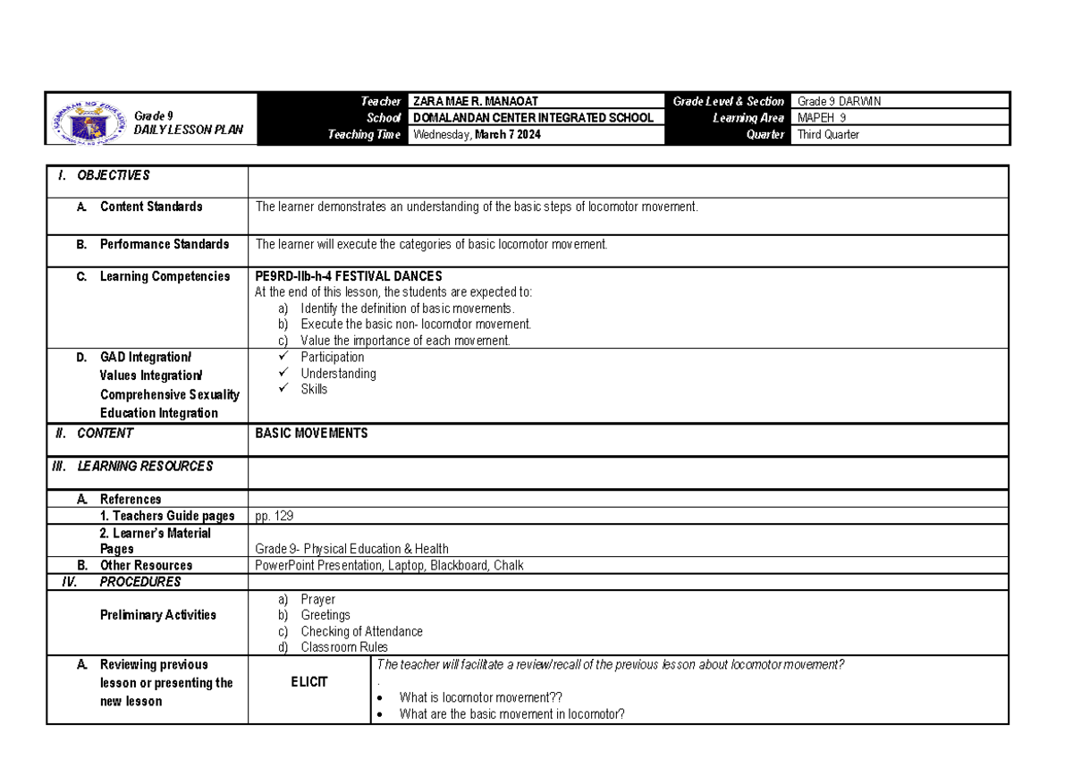 Locomotor Movement March 7,2024 - Grade 9 DAILY LESSON PLAN Teacher ...