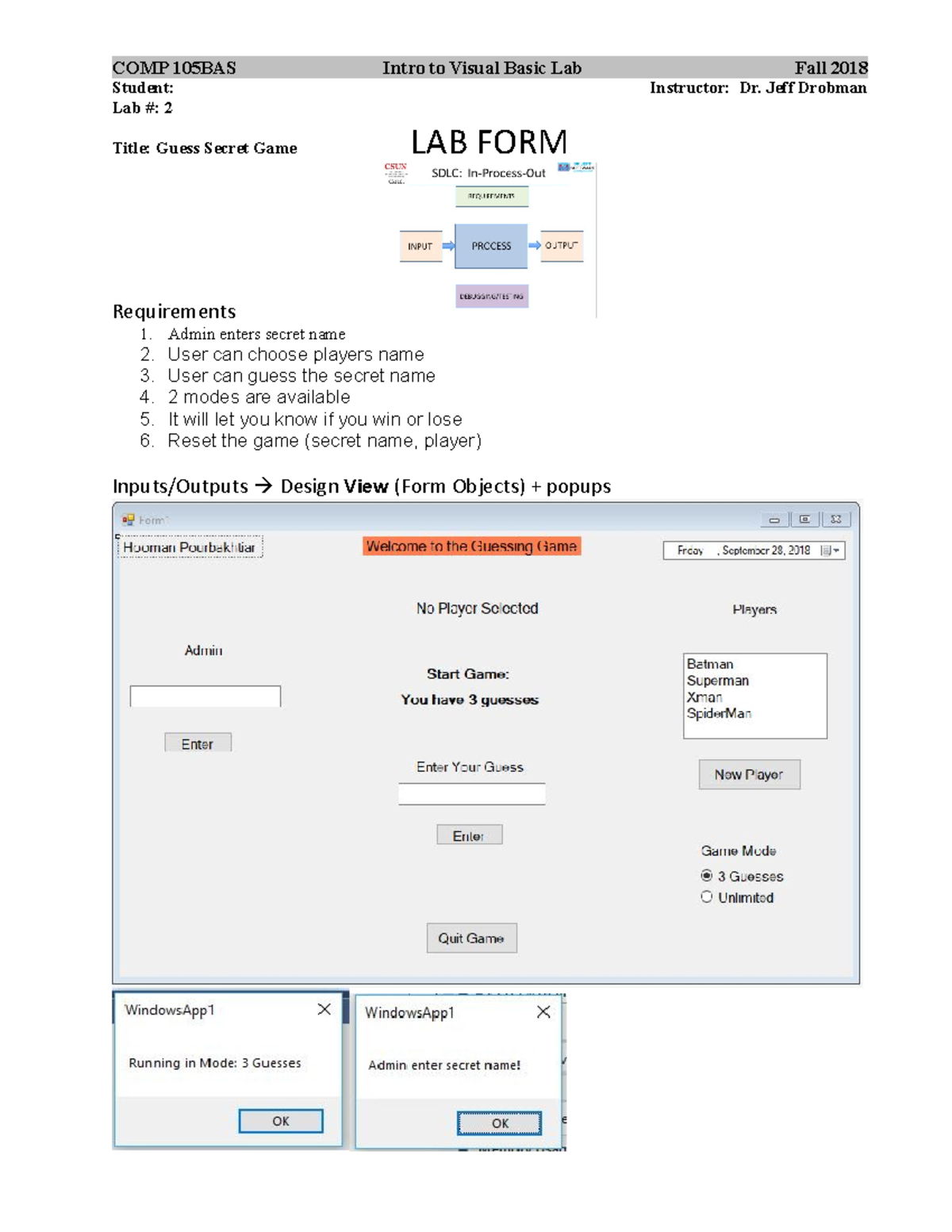 Docx Lab Assignment COMP 105BAS Intro to Visual Basic Lab Student