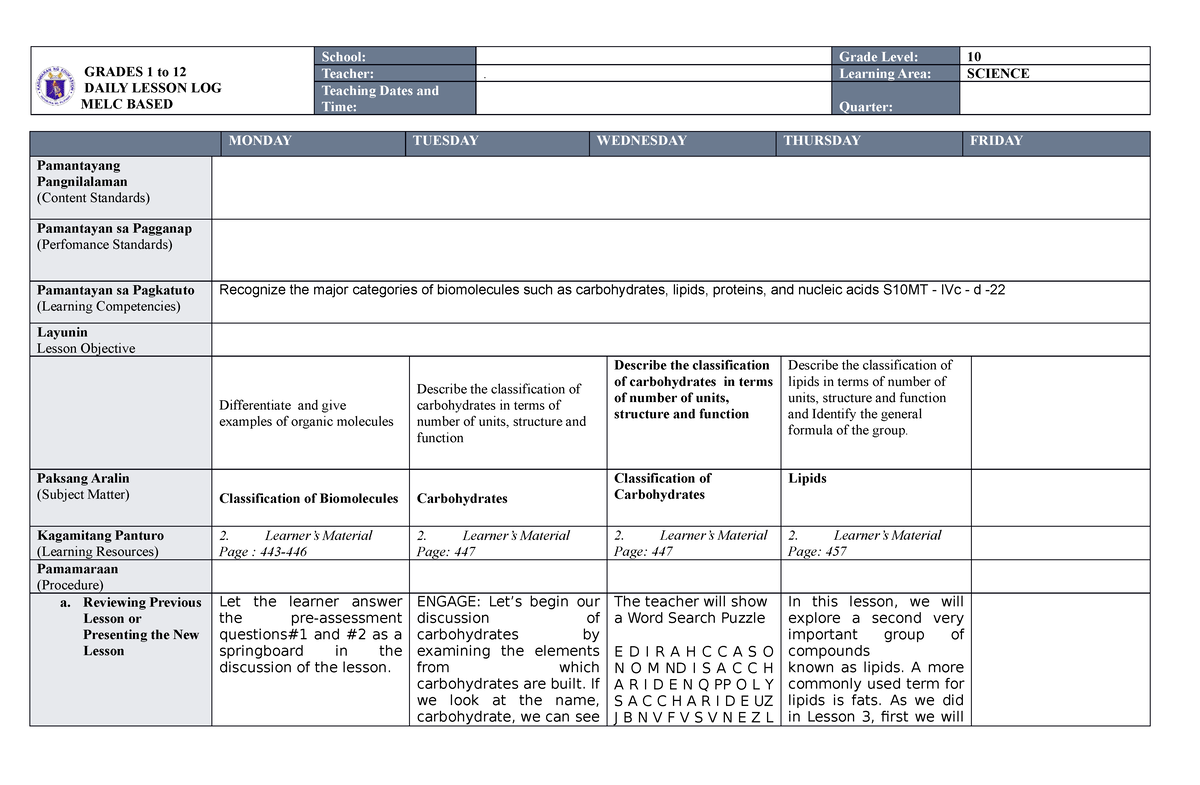 MELC DLL SCI 10 WEEK 3-4 Q4 - GRADES 1 To 12 DAILY LESSON LOG MELC ...