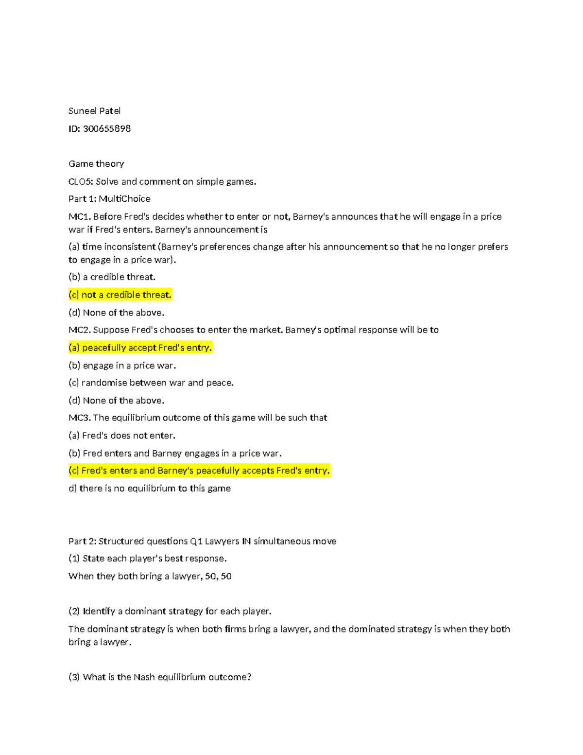 Game theory Notes - Suneel Patel ID: 300655898 Game theory CLO5: Solve ...