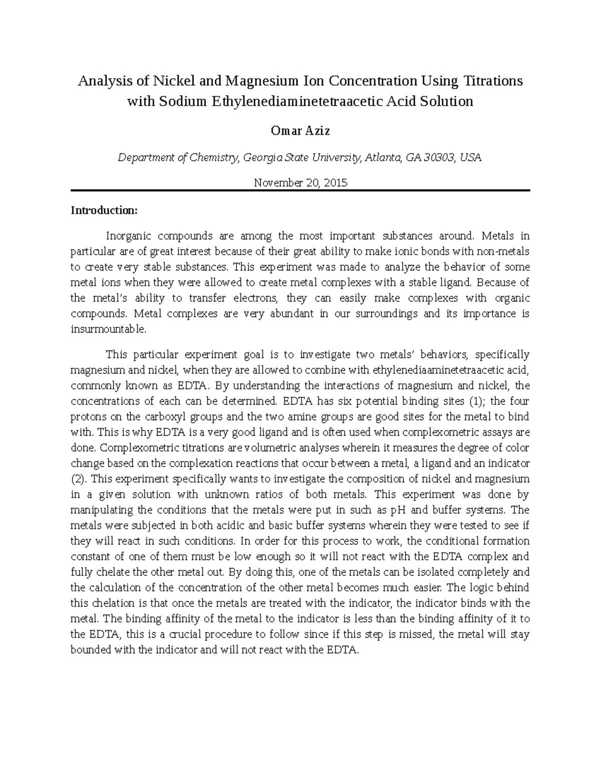 Docx - lab report - Analysis of Nickel and Magnesium Ion Concentration ...