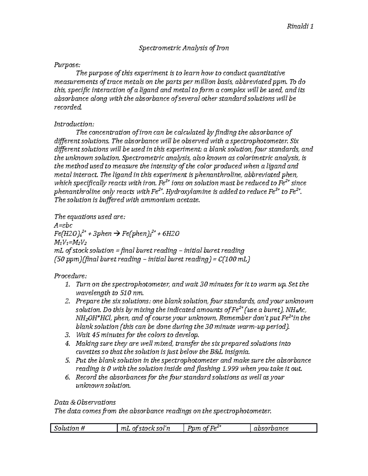 Spectrometric Analysis of Iron - To do this, specific interaction of a ...