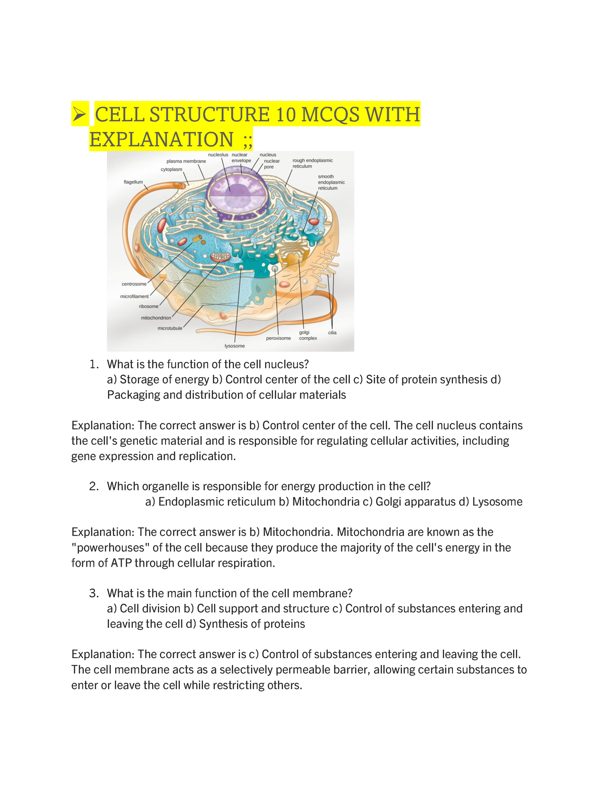 CELL Structure 10 MCQS - CELL STRUCTURE 10 MCQS WITH EXPLANATION ...