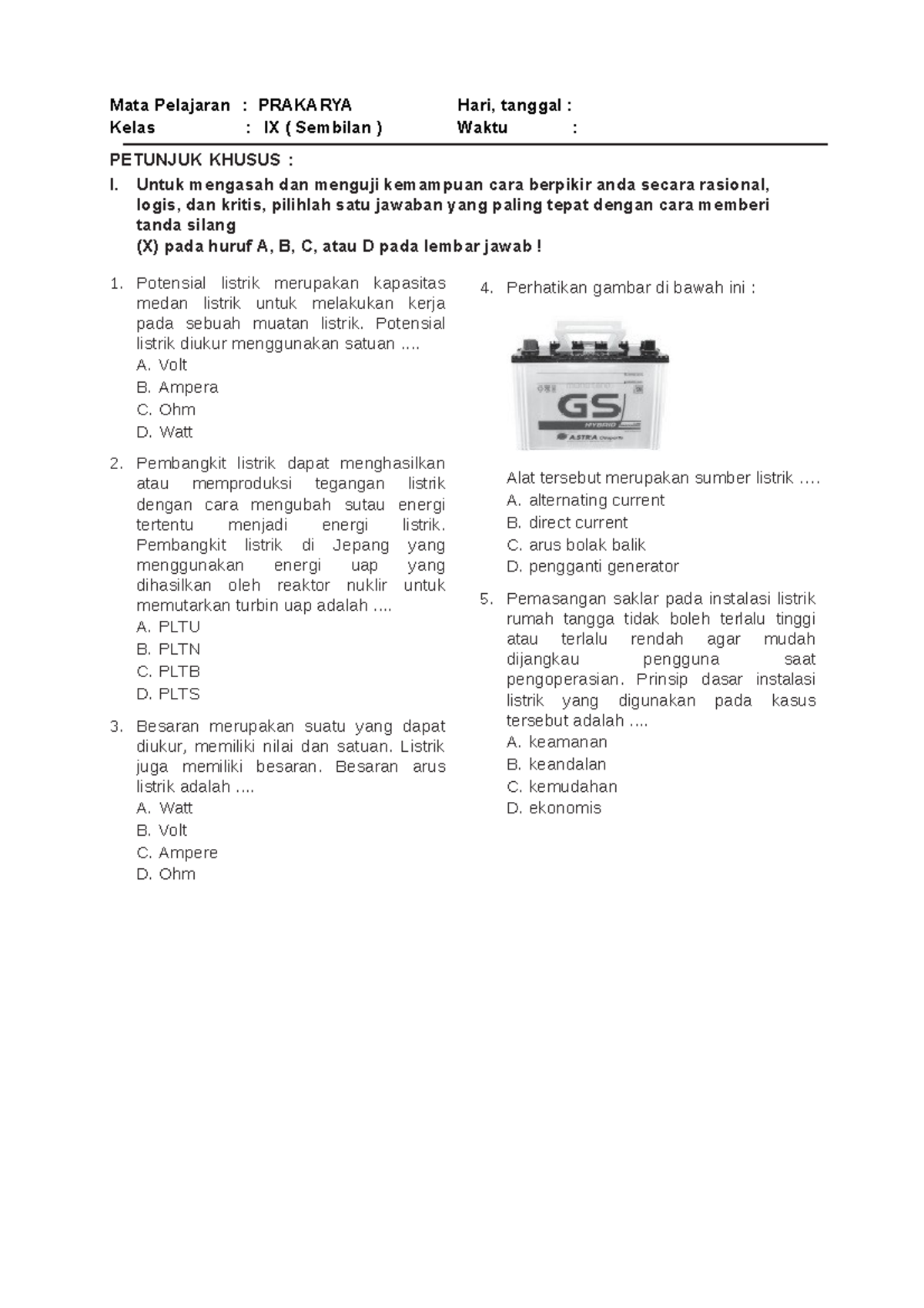 2- Soal PTS Prakarya Kelas IX K13- Www - Mata Pelajaran : PRAKARYA Hari ...