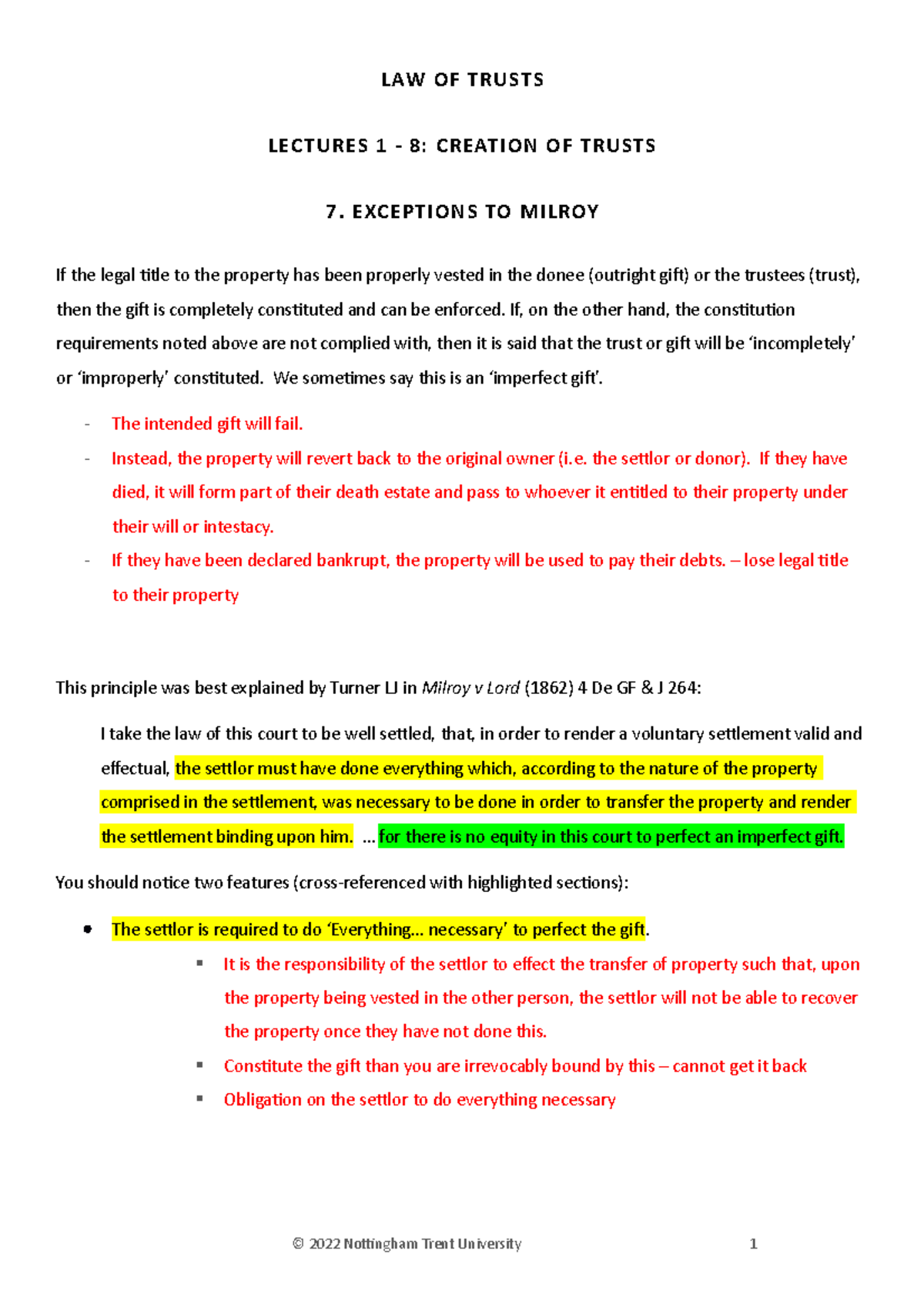Lecture 7 - Notes Trusts - LAW OF TRUSTS LECTURES 1 - 8: CREATION OF ...