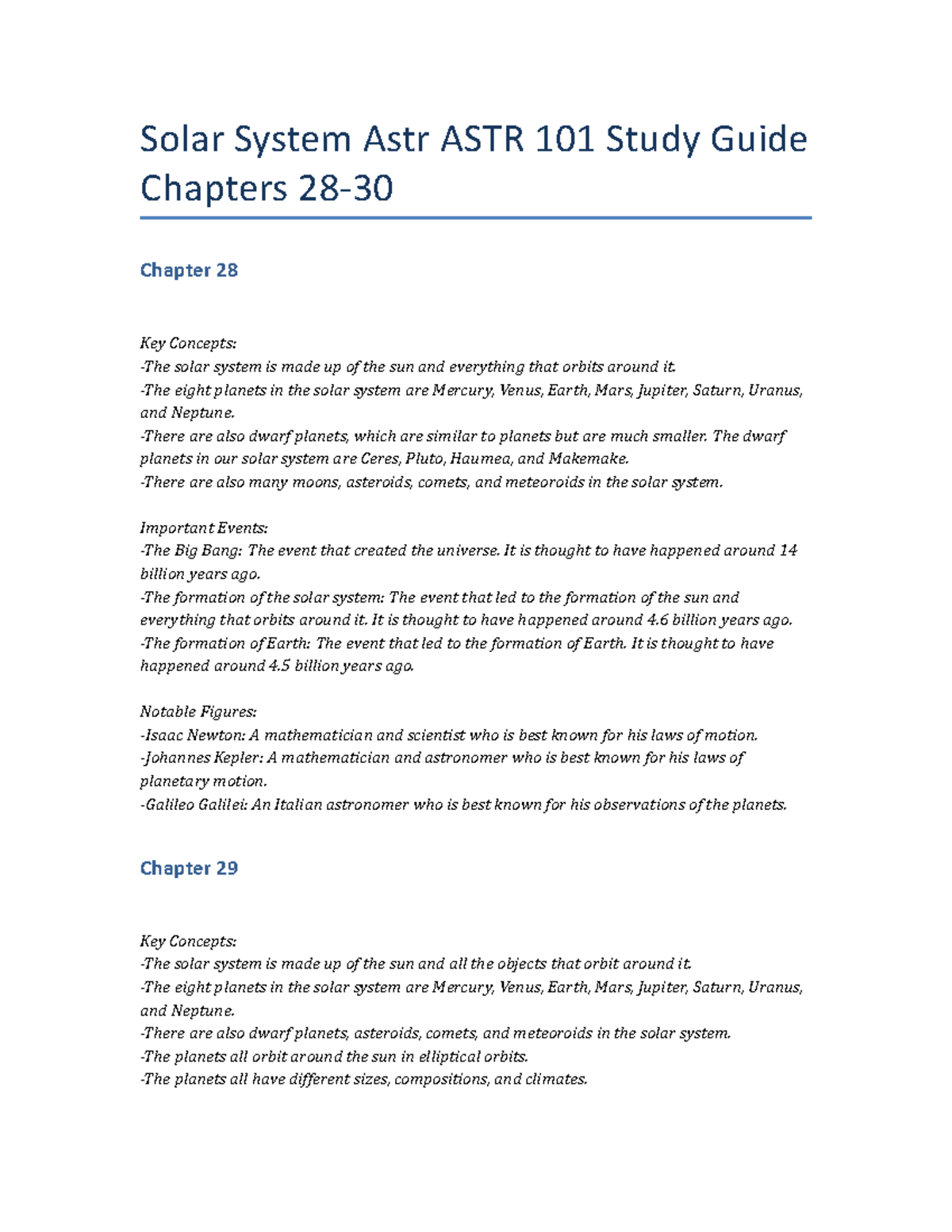 Solar System Astr ASTR 101 Study Guide Chapters 28-30 - Solar System ...