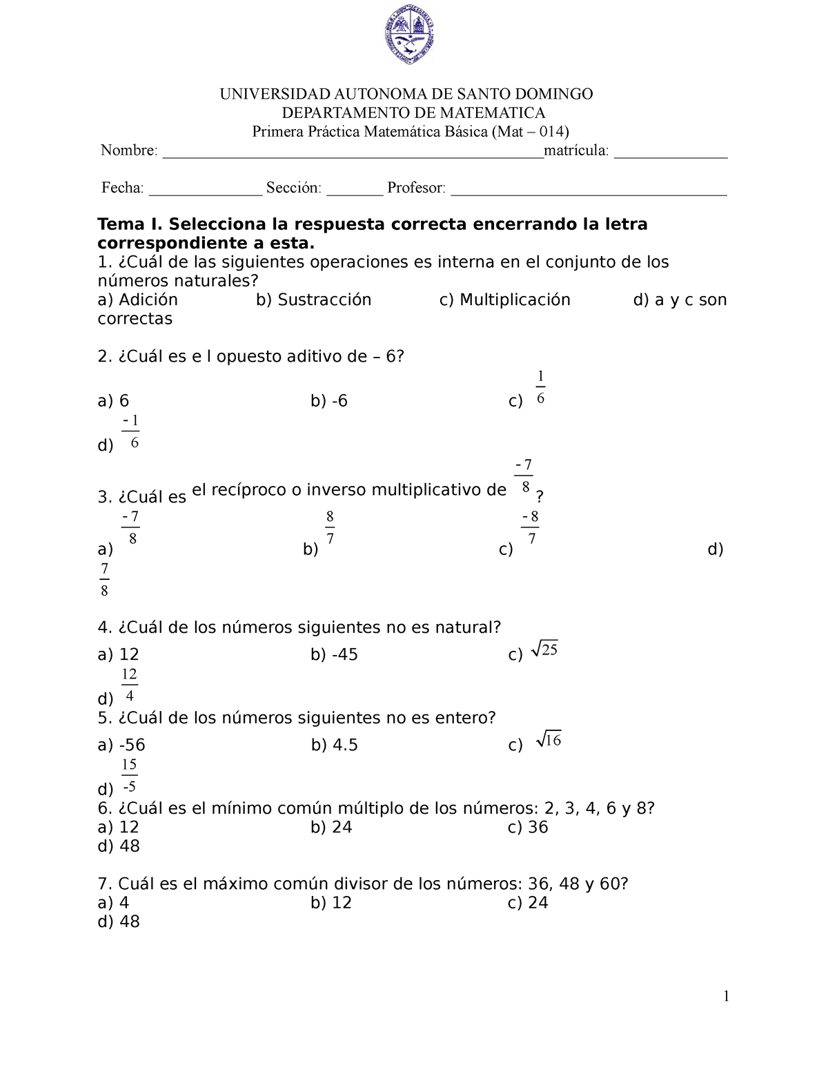 Primera Práctica Matematica Básica ( Mat- 014) Septiembre 2022 ...