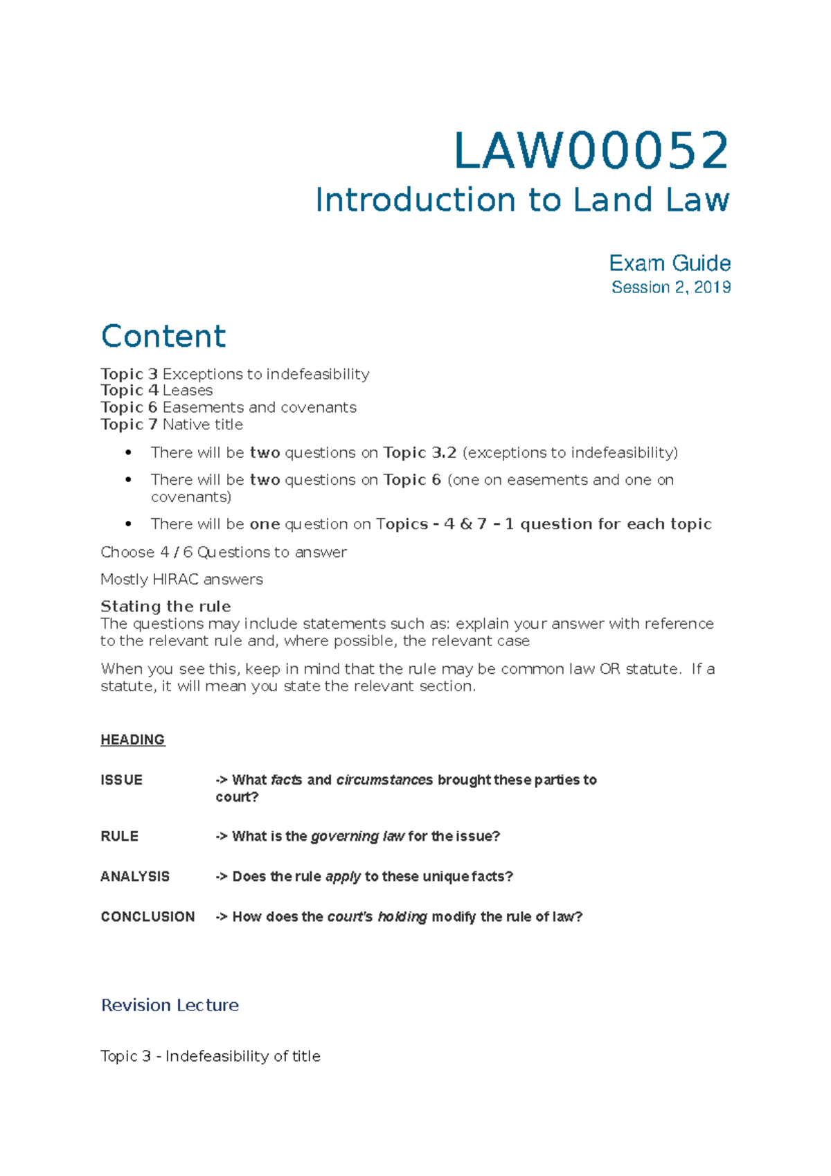 LAW00052 Land Law Exam LAW Introduction to Land Law Exam Guide