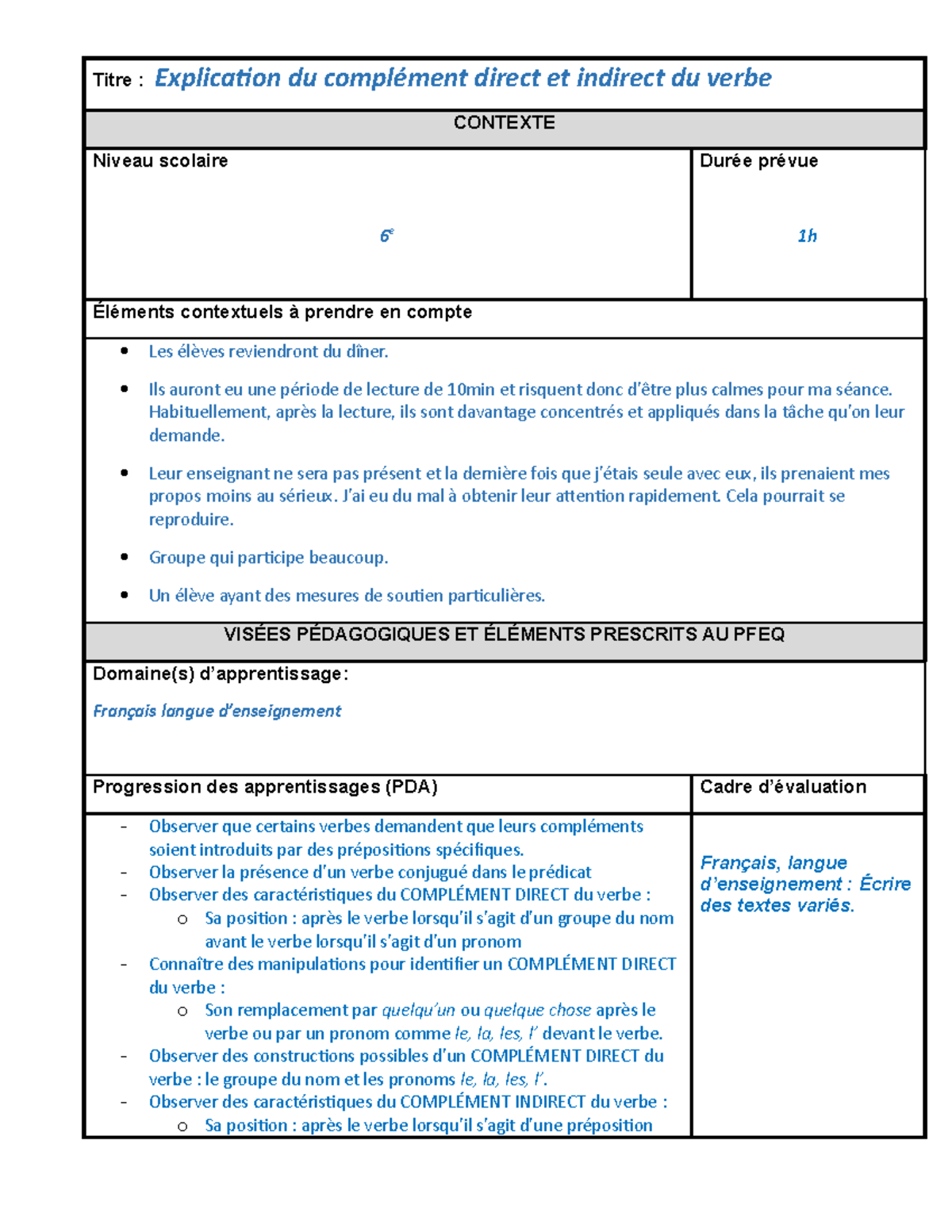 Canevas De Planification 1 Complet Titre Explication Du Complément