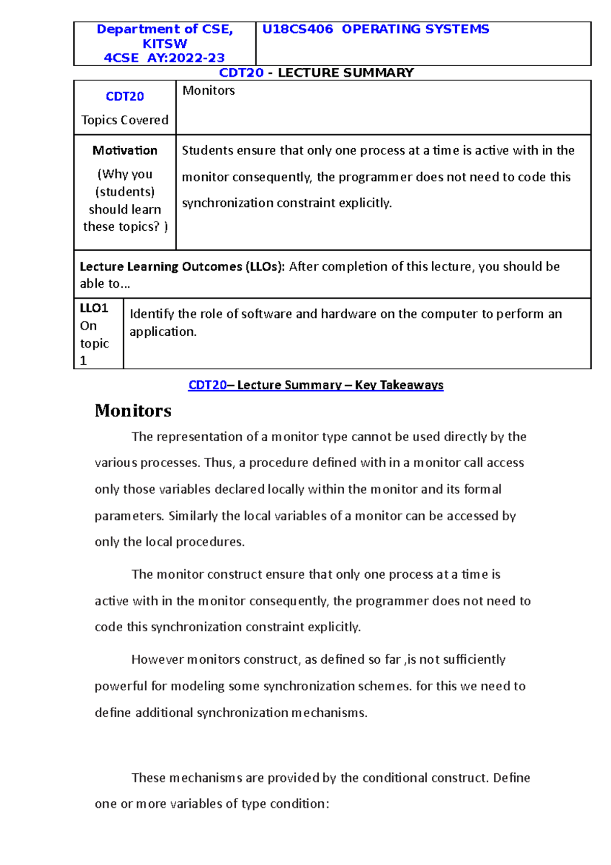 OS-CDT20 - Important notes - KITSW 4CSE AY:2022- CDT20 - LECTURE ...