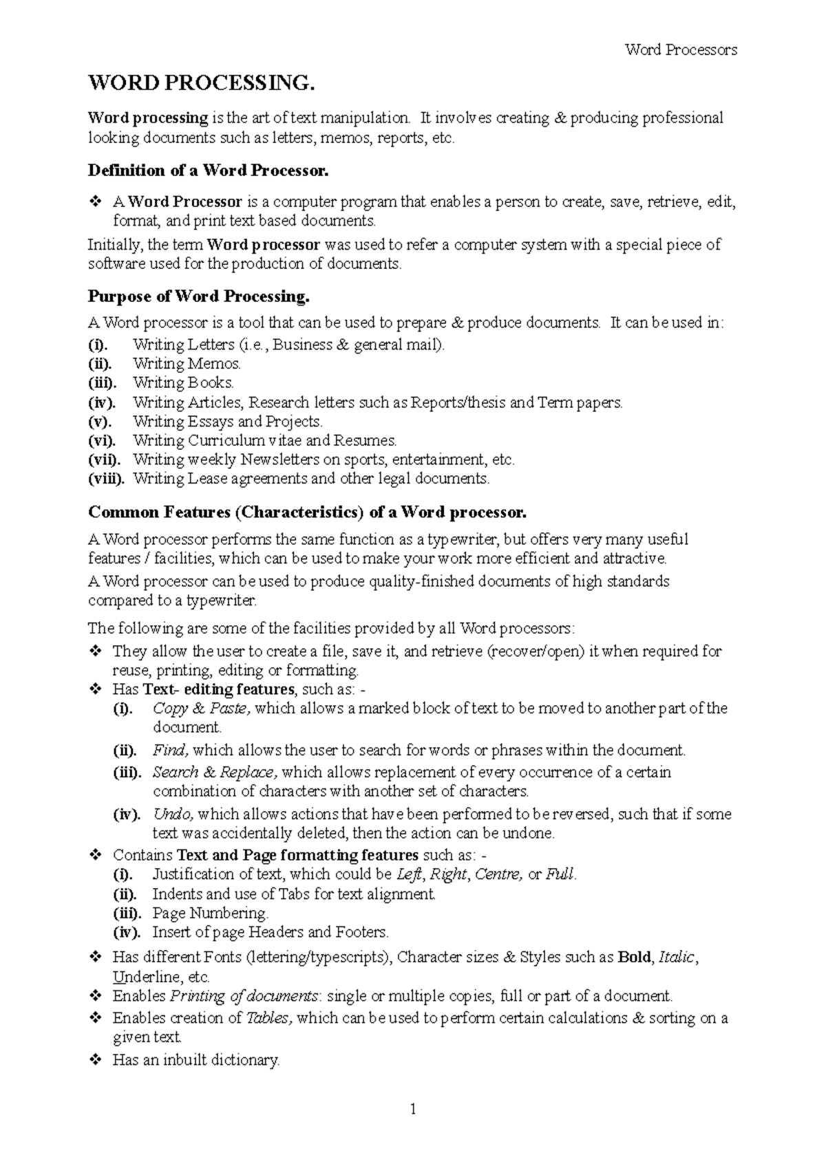Introduction to word processing - WORD PROCESSING. Word processing is ...