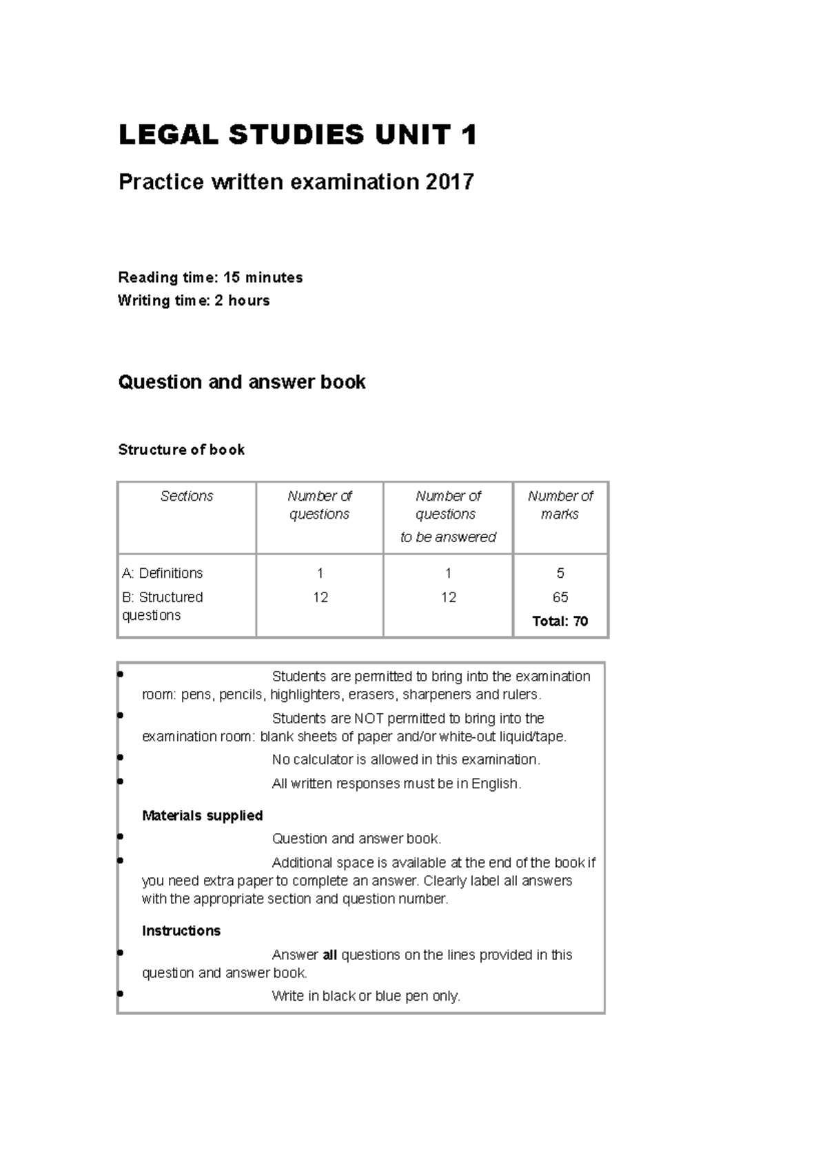 legal studies unit 1 and 2 practice exam