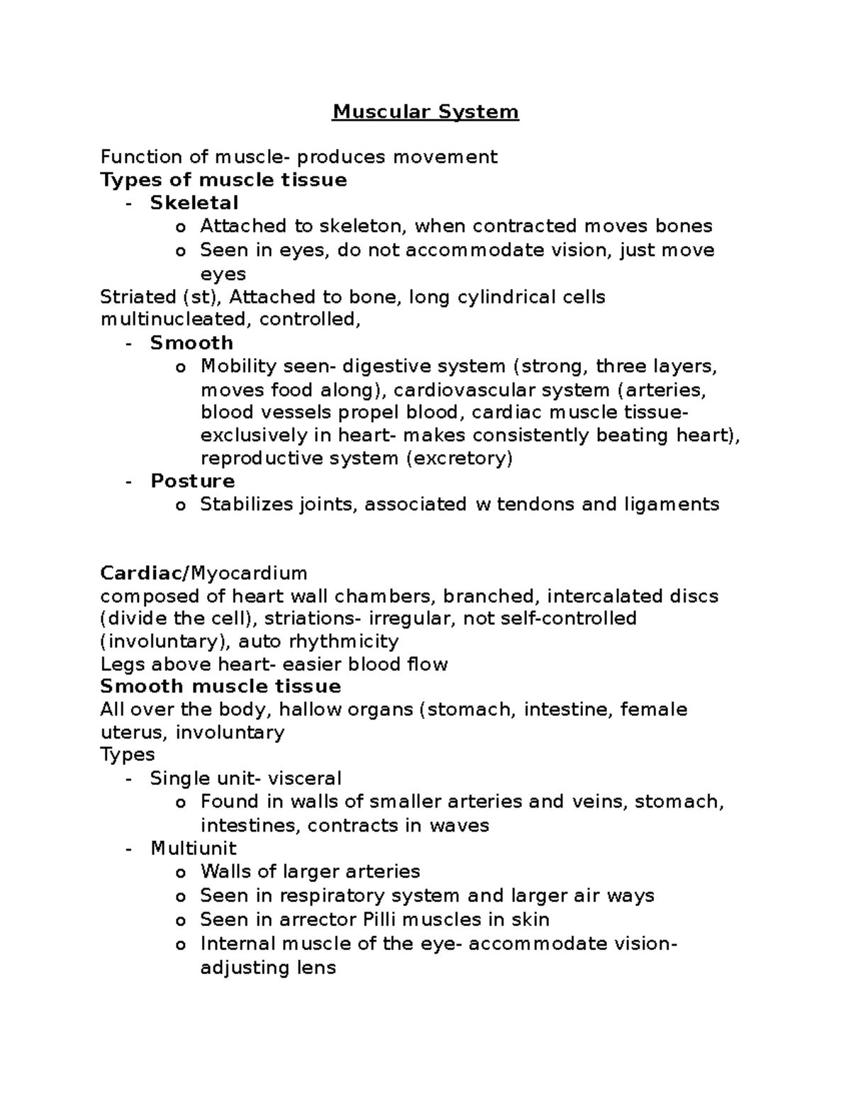 Muscular System - Lecture notes Lecture 9 - Muscular System Function of ...