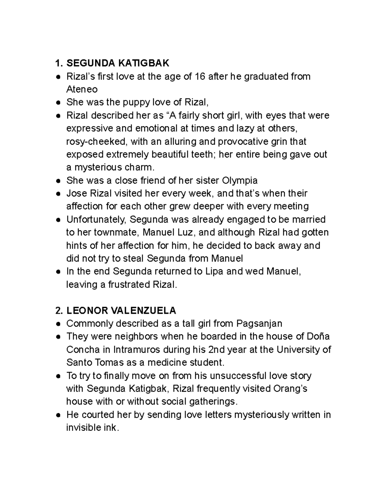 The women rizal has loved before - 1. SEGUNDA KATIGBAK Rizal’s first ...