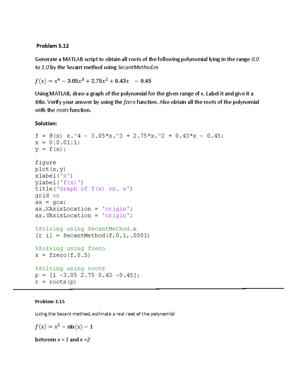 Part 4-Chapter 3 Solutions - Problem 3. Generate A MATLAB Script To ...