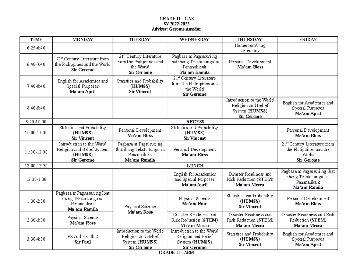 Grade 11 Schedule 22 23 2nd Sem - Grade 11 - Gas Sy 2022- Adviser 