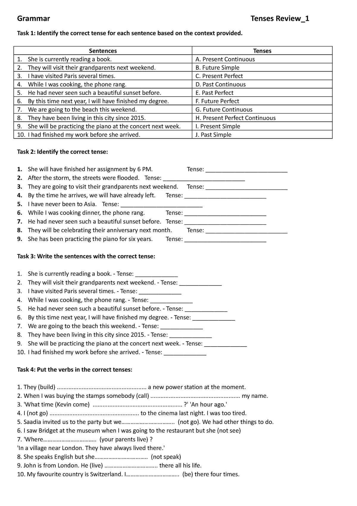 Identifying The Tenses - Grammar Tenses Review_ Task 1: Identify The ...