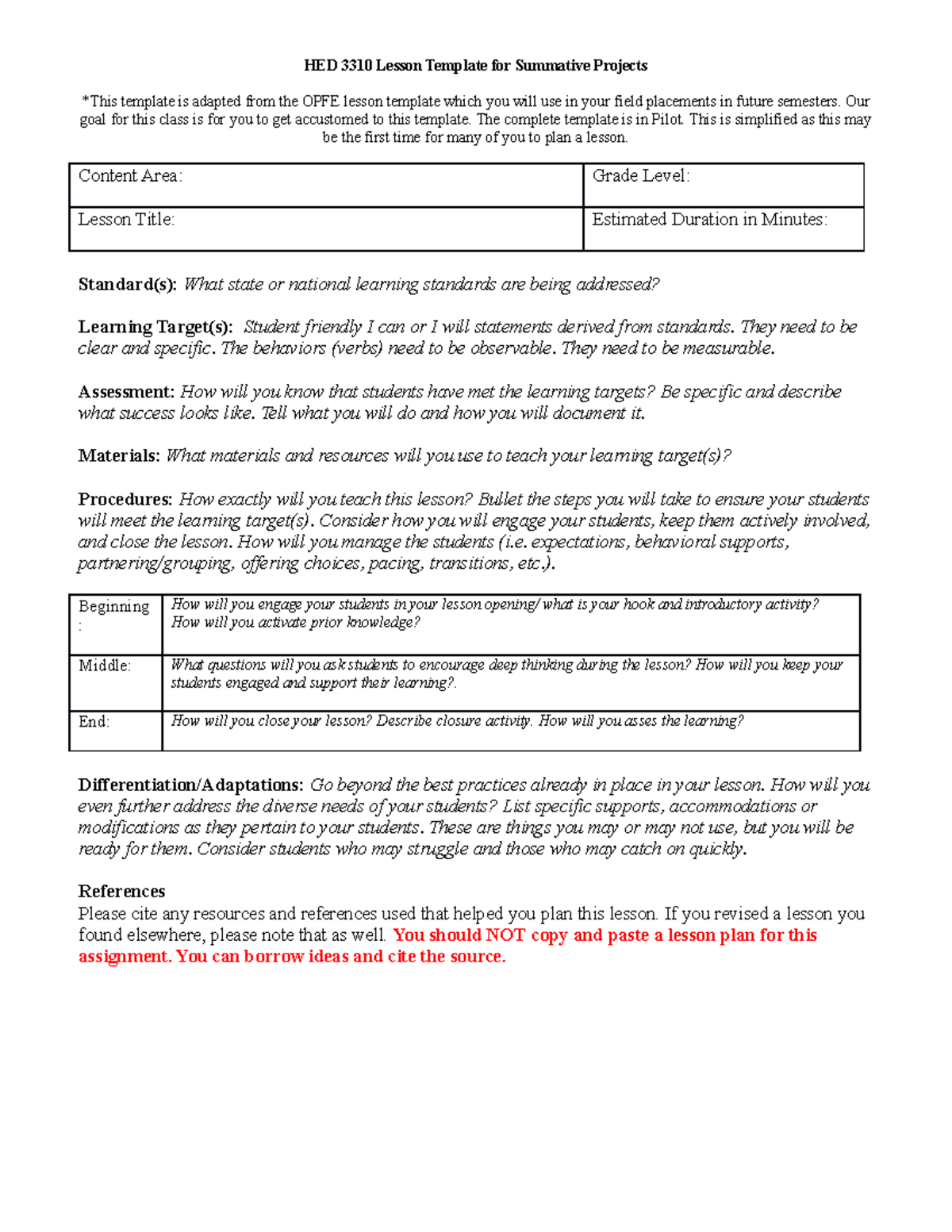 HED3310 Lesson Plan Adapted from OPFE Lesson Template Updated F22 v2 ...