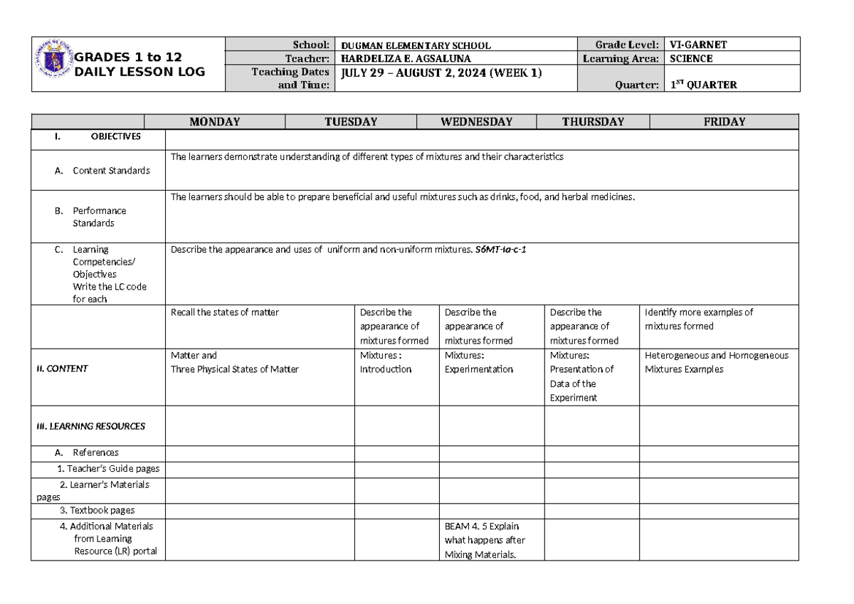 DLL Science 6 Q1 W1 - GRADES 1 to 12 DAILY LESSON LOG School: DUGMAN ...