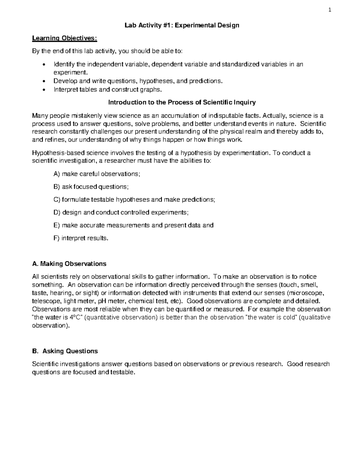 Lab Act 1 Experimental Design Lab Activity 1 Experimental Design Learning Objectives By the