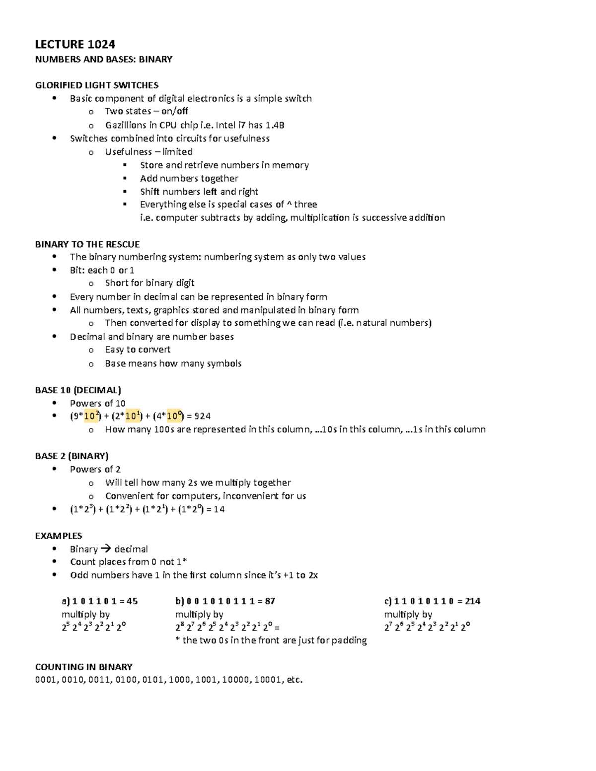 Intro to CS notes Ch2 - LECTURE 1024 NUMBERS AND BASES: BINARY ...