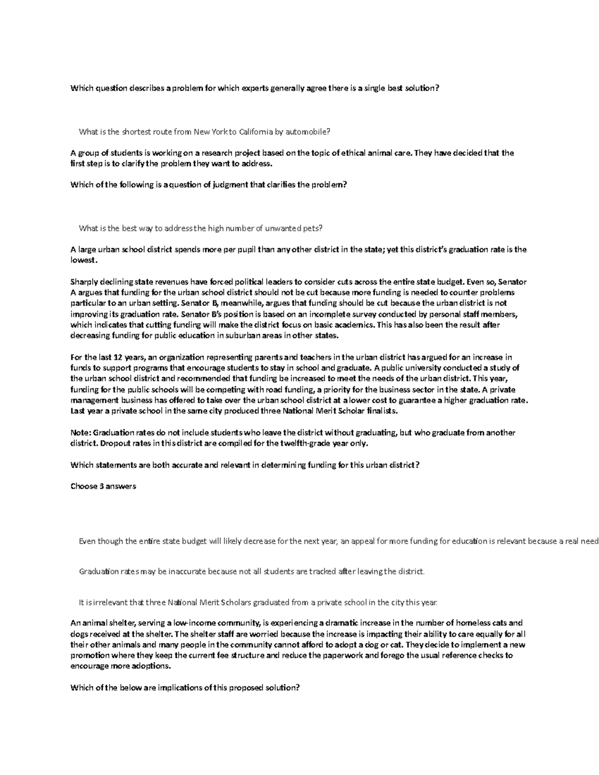 Pre Assessment Answers - Which question describes a problem for which ...