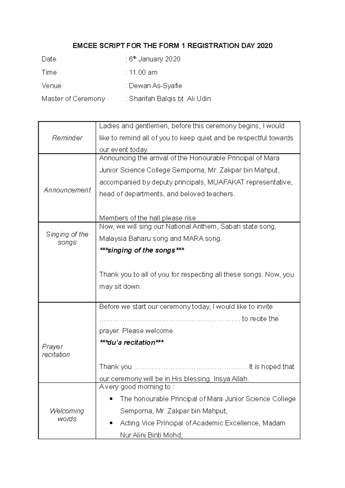 Emcee Script FOR THE FORM 1 Registration DAY 2020 - EMCEE SCRIPT FOR ...