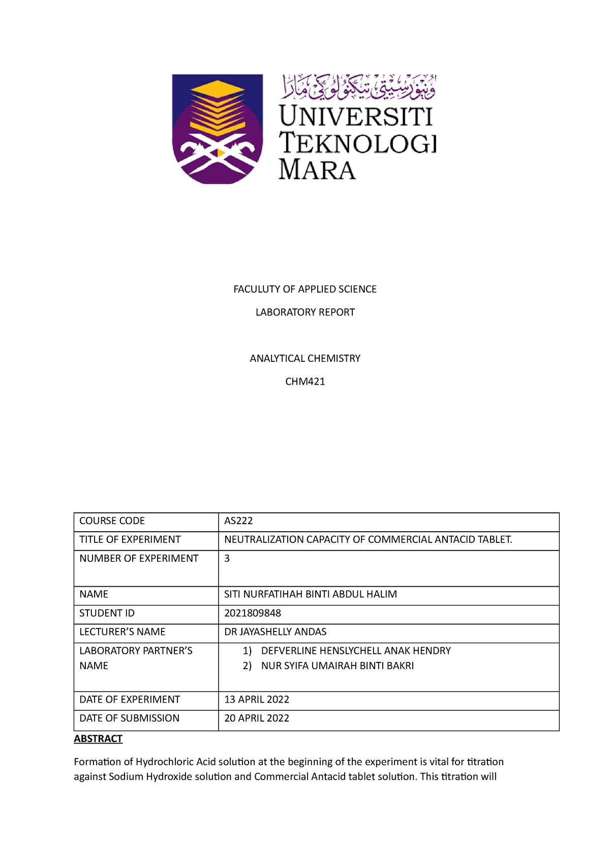 Lab Report Experiment 3 ( CHM421) - FACULUTY OF APPLIED SCIENCE ...