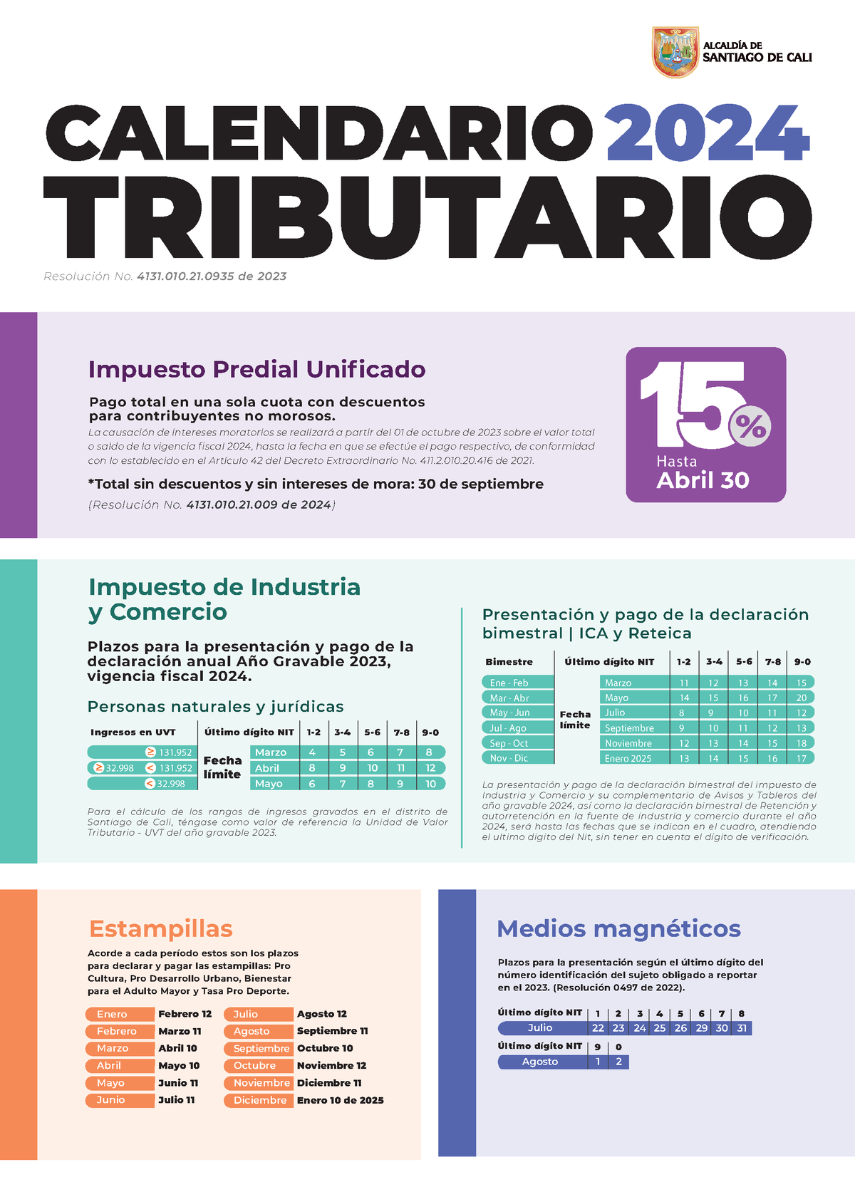 Calendario Tributario 2024 Alcaldia CALI Resolución No. 4131.010.21