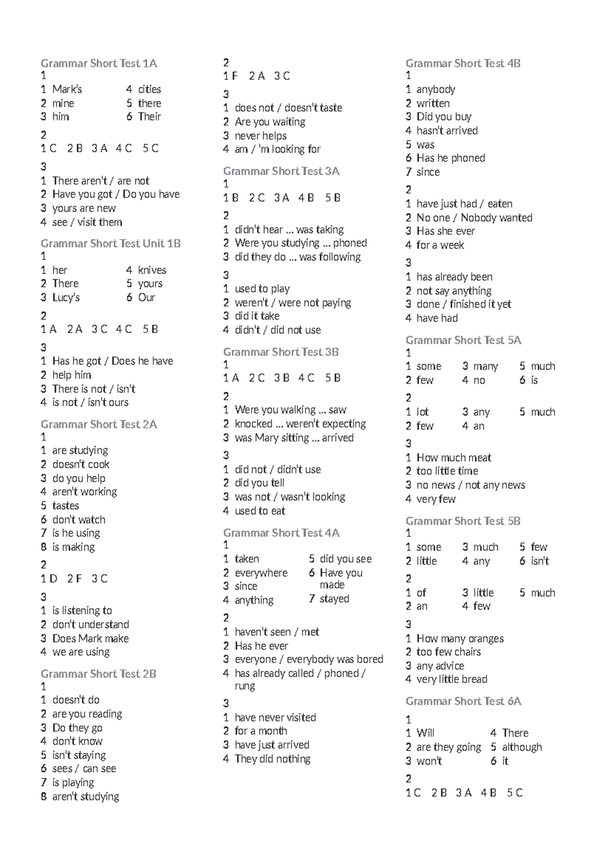 Grammar short tests answer key - Grammar Short Test 1A 1 1 Mark’s 2 ...