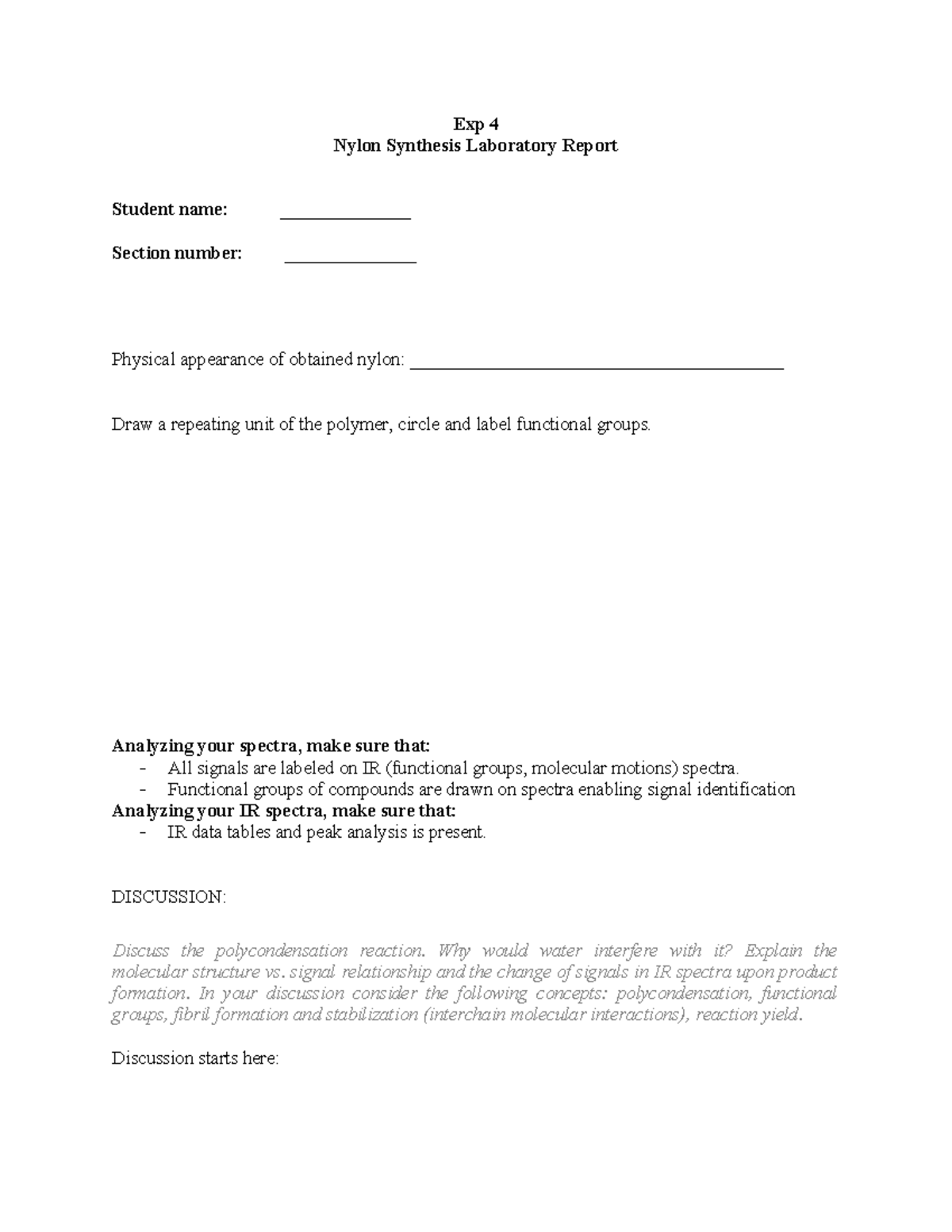 Exp. 4 report template - Exp 4 Nylon Synthesis Laboratory Report ...