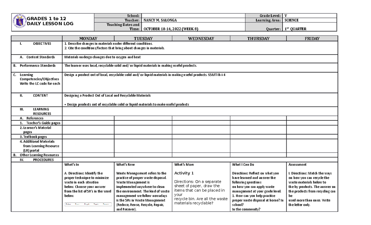 Dll Science 5 Q1 W8 Dll Science 5 Q1 W8 Grades 1 To 12 Daily Lesson Log School Grade Level 7098