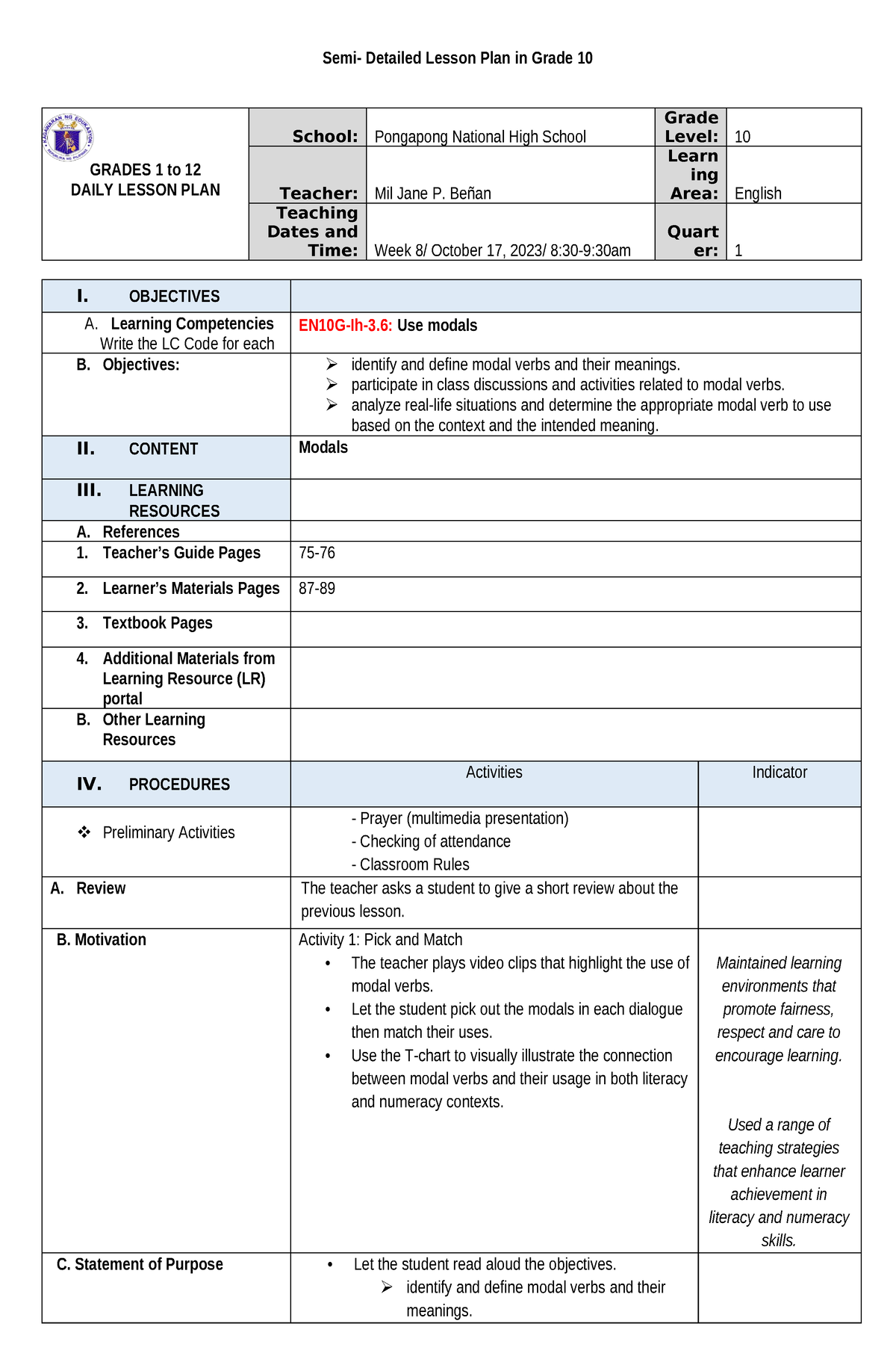 Co-q1 Modals - A Detailed Lesson Plan For Demonstration Teaching - Semi 