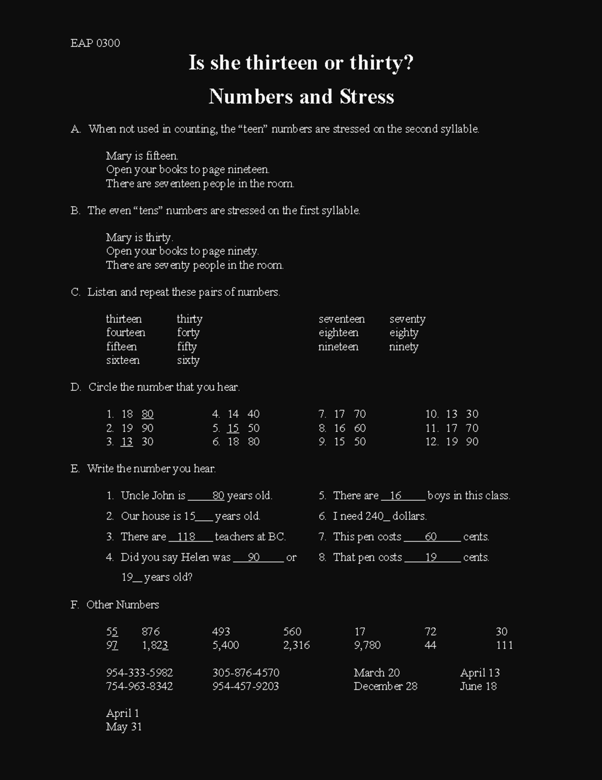 Number stress from class - EAP 0300 Is she thirteen or thirty? Numbers ...