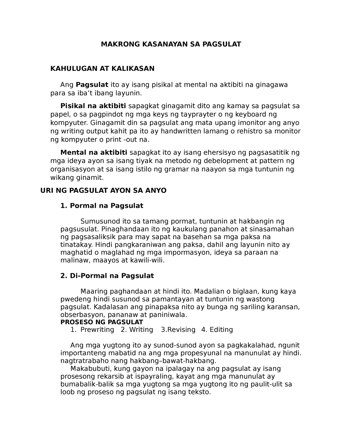 Makrong Kasanayan Sa Pasusulat Makrong Kasanayan Sa Pagsulat Kahulugan At Kalikasan Ang 1815