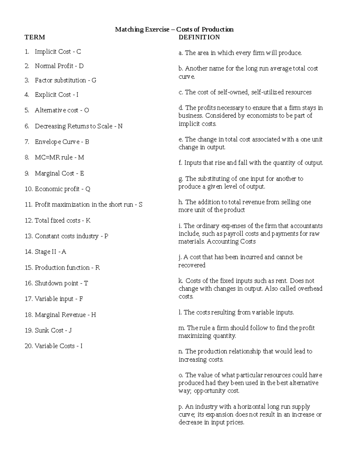 2021-SS242-Cost Matching - Matching Exercise – Costs of Production TERM ...