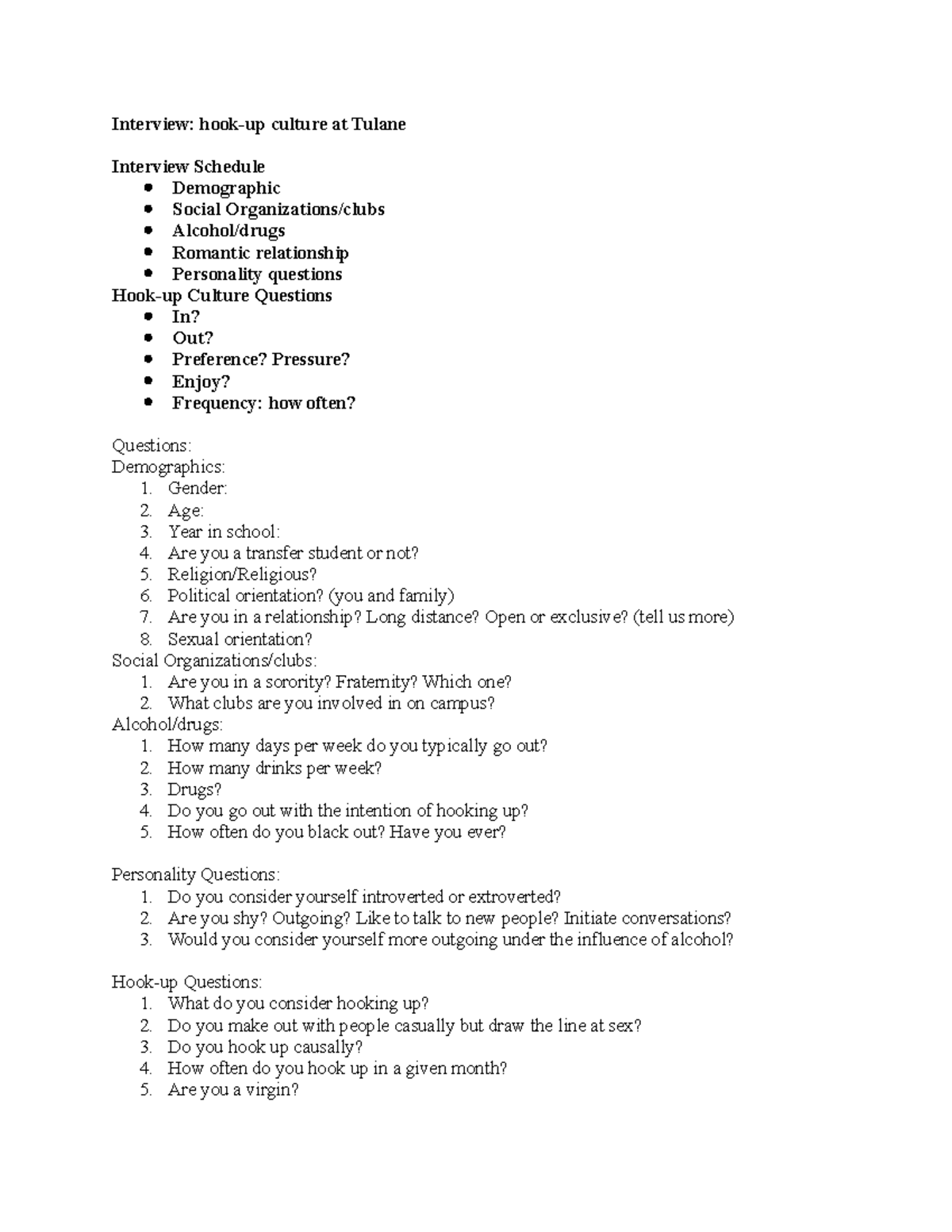 Assignment #5 (interview) - Interview: hook-up culture at Tulane Interview  Schedule  Demographic  - Studocu