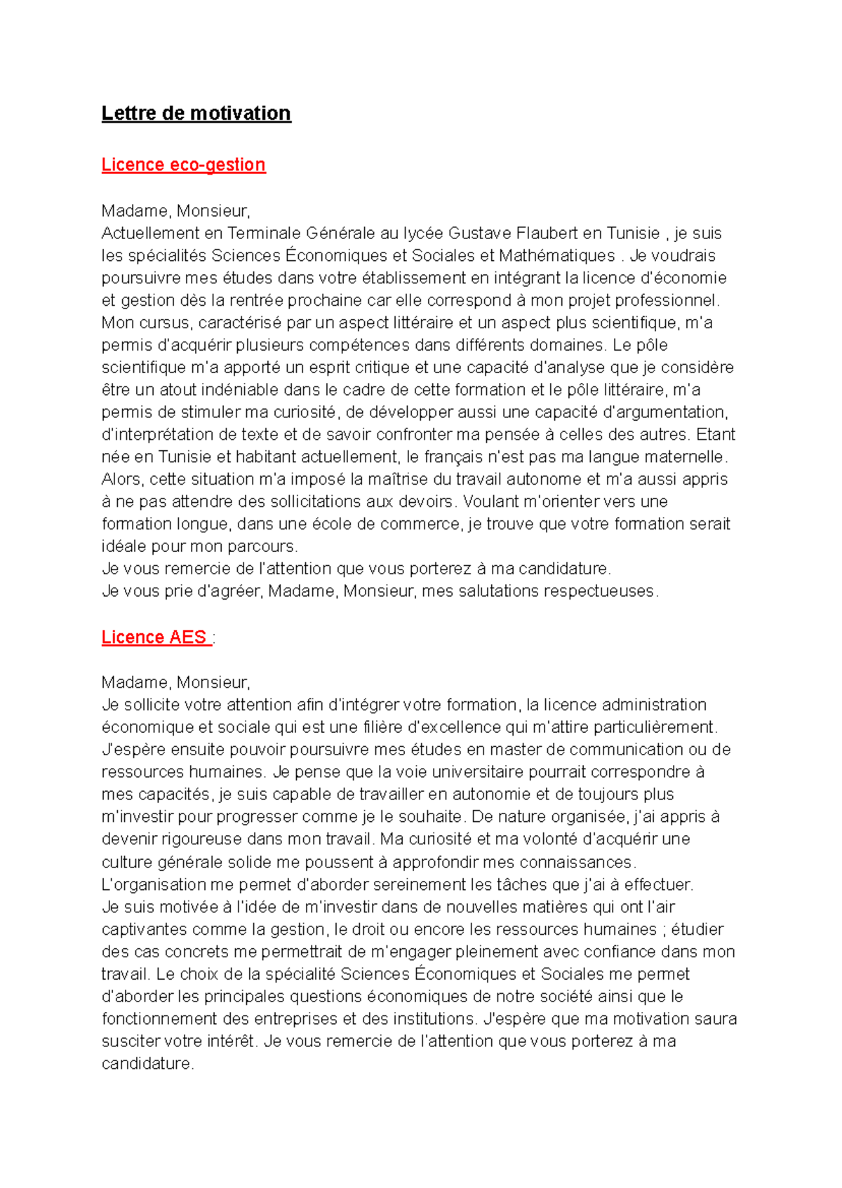 Lettredemotivation Lettre de motivation Licence ecogestion Madame — free download