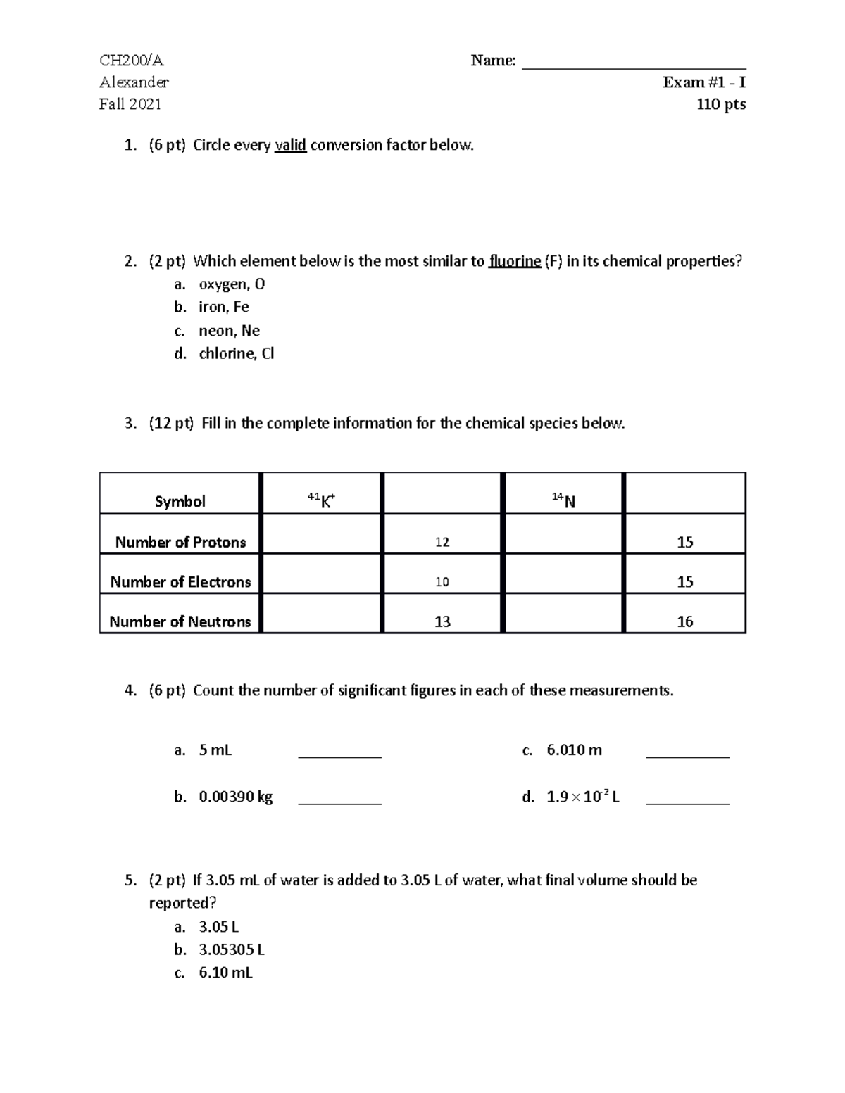 Exam #1 I Fall 2021 - Chemistry 1 - Ch200 A Name 