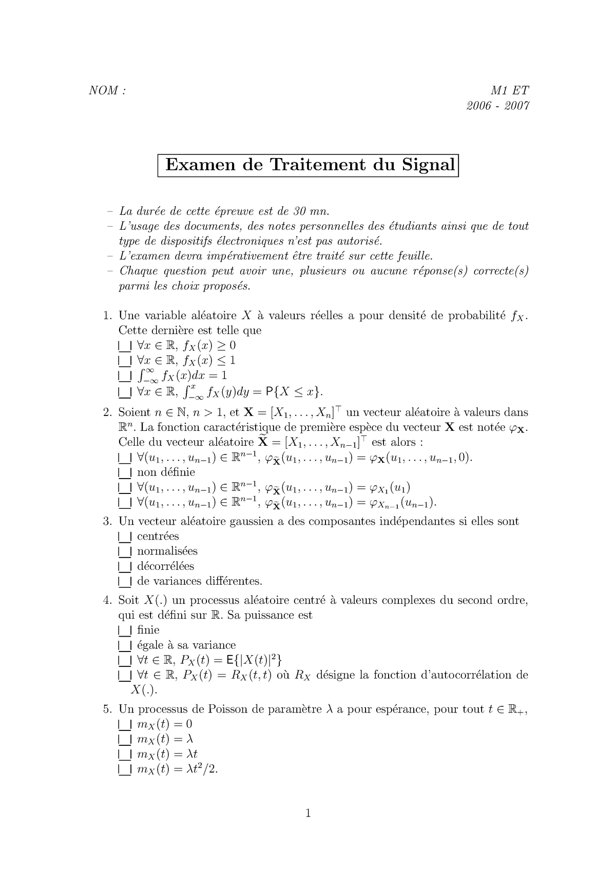 Examen Traitement Du Signal M1 EEA UPEM - NOM : M1 ET 2006 - 2007 ...