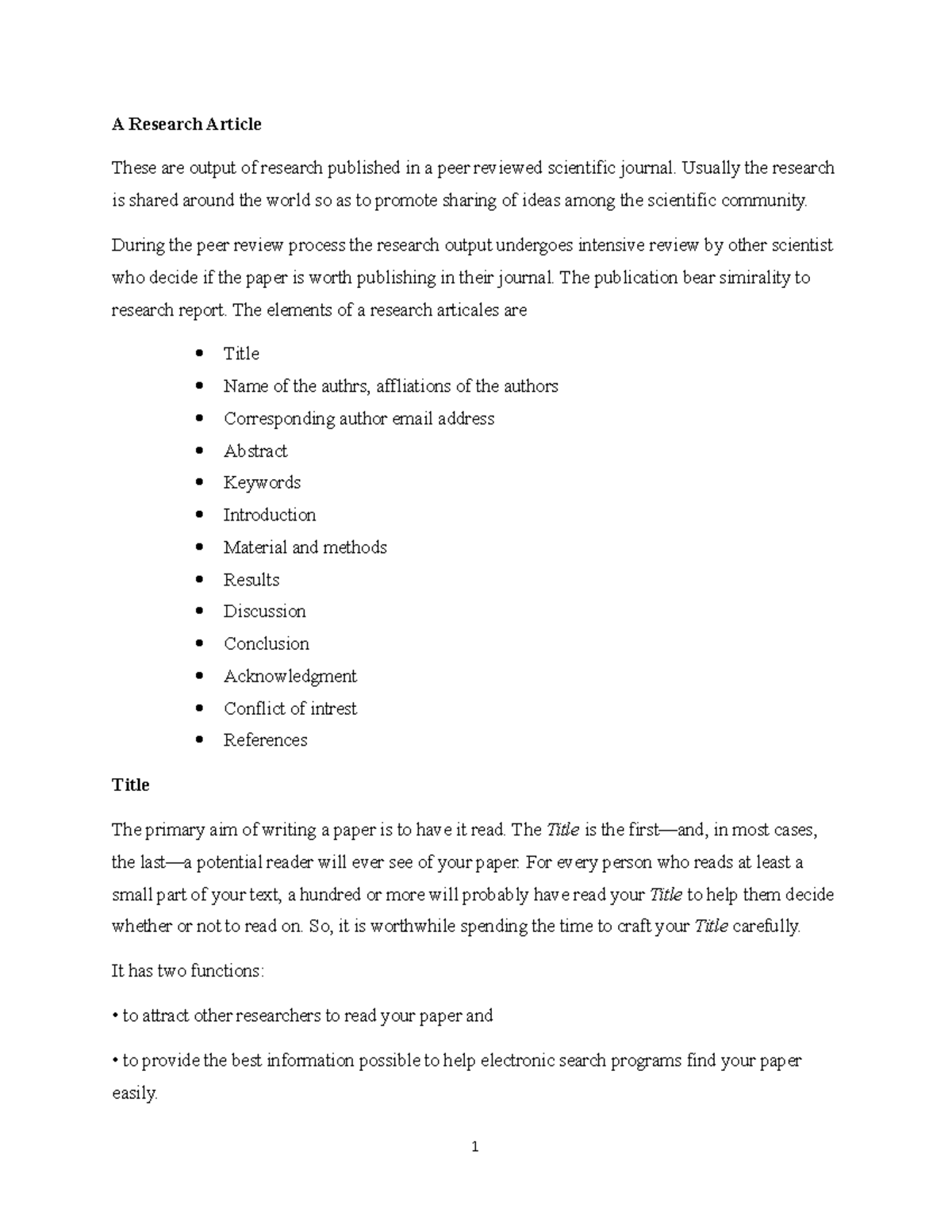 Technical writing final notes - A Research Article These are output of ...