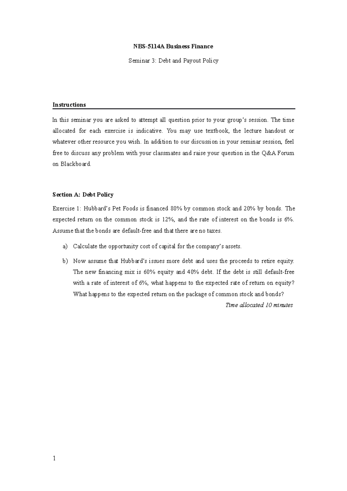 Seminar 03-Debt and Payout Policy - NBS-5114A Business Finance Seminar ...