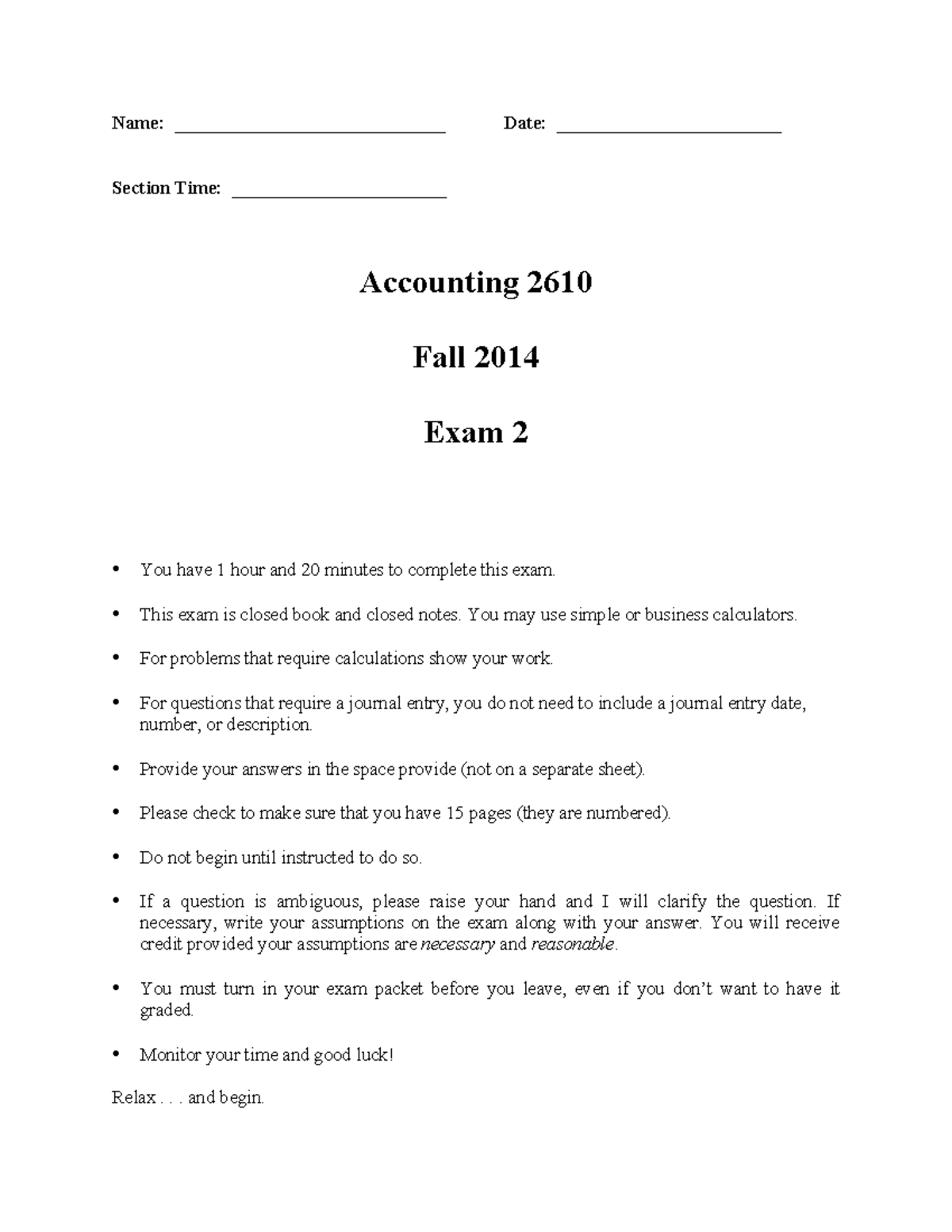 2014 - Exam 2 Solution - Name: _____________________________ Date