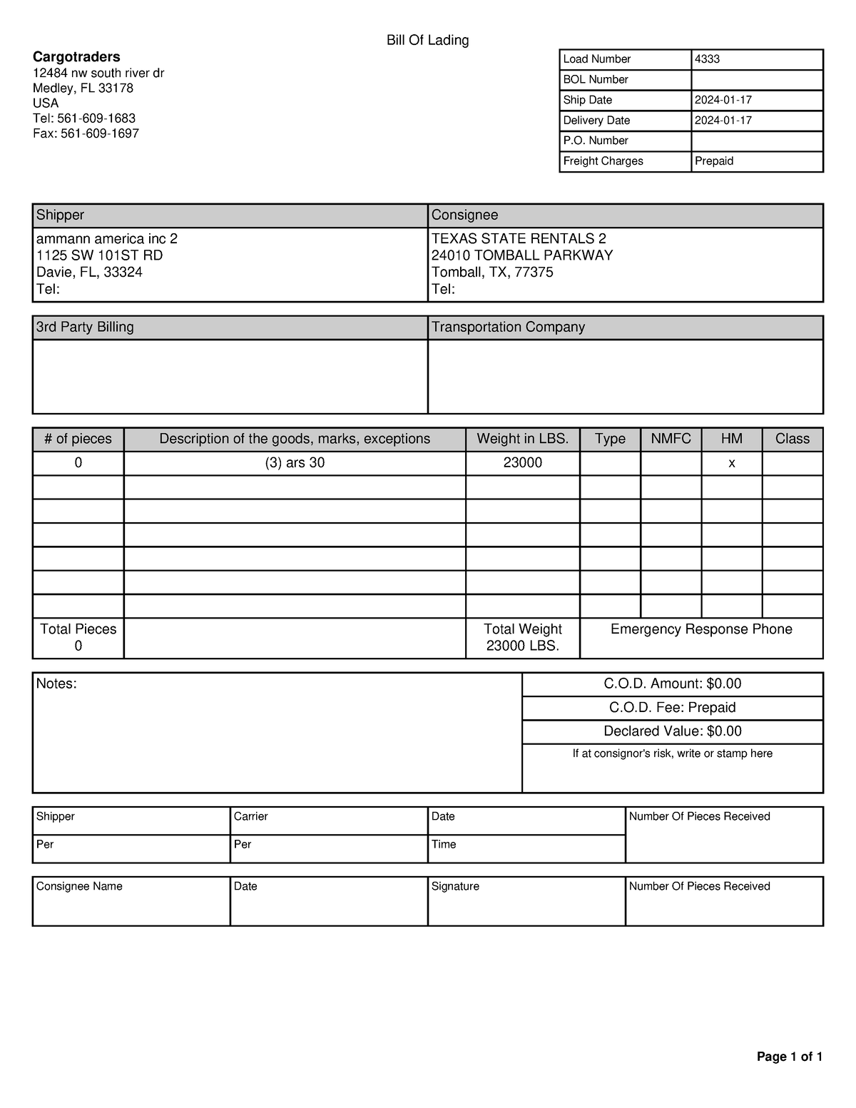 BOL 4333 - eeee - Bill Of Lading Cargotraders 12484 nw south river dr ...